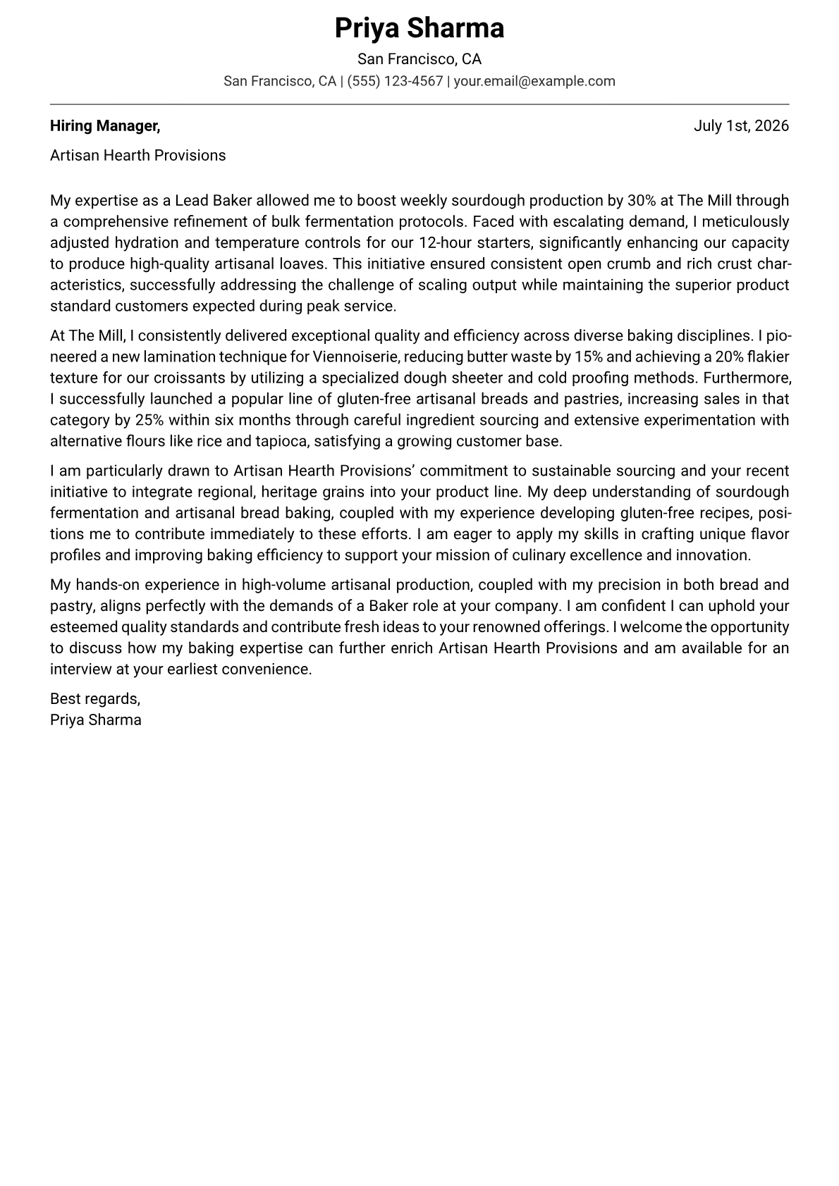Baker cover letter formatted with a JobSprout template