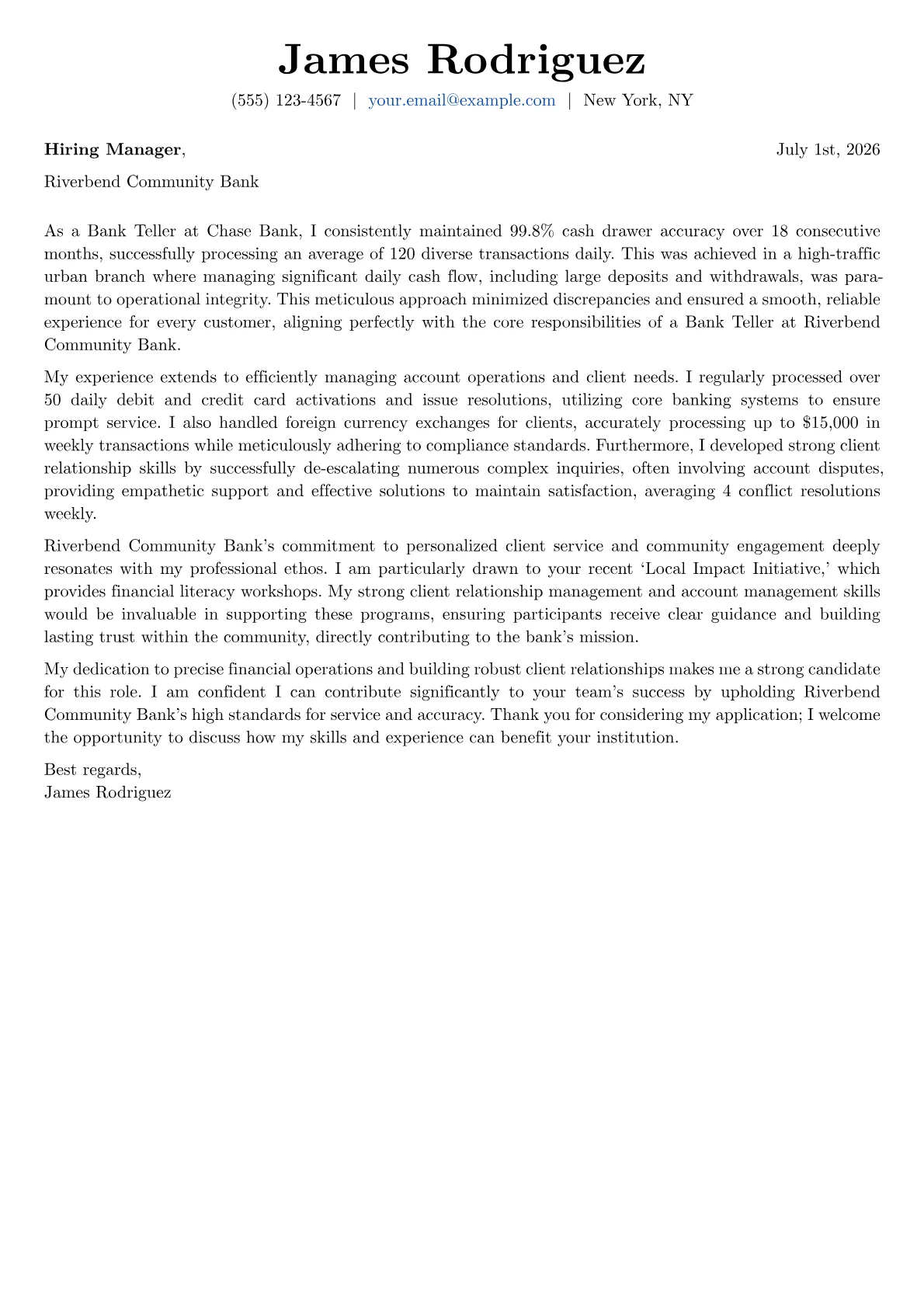 Bank Teller cover letter formatted with a JobSprout template