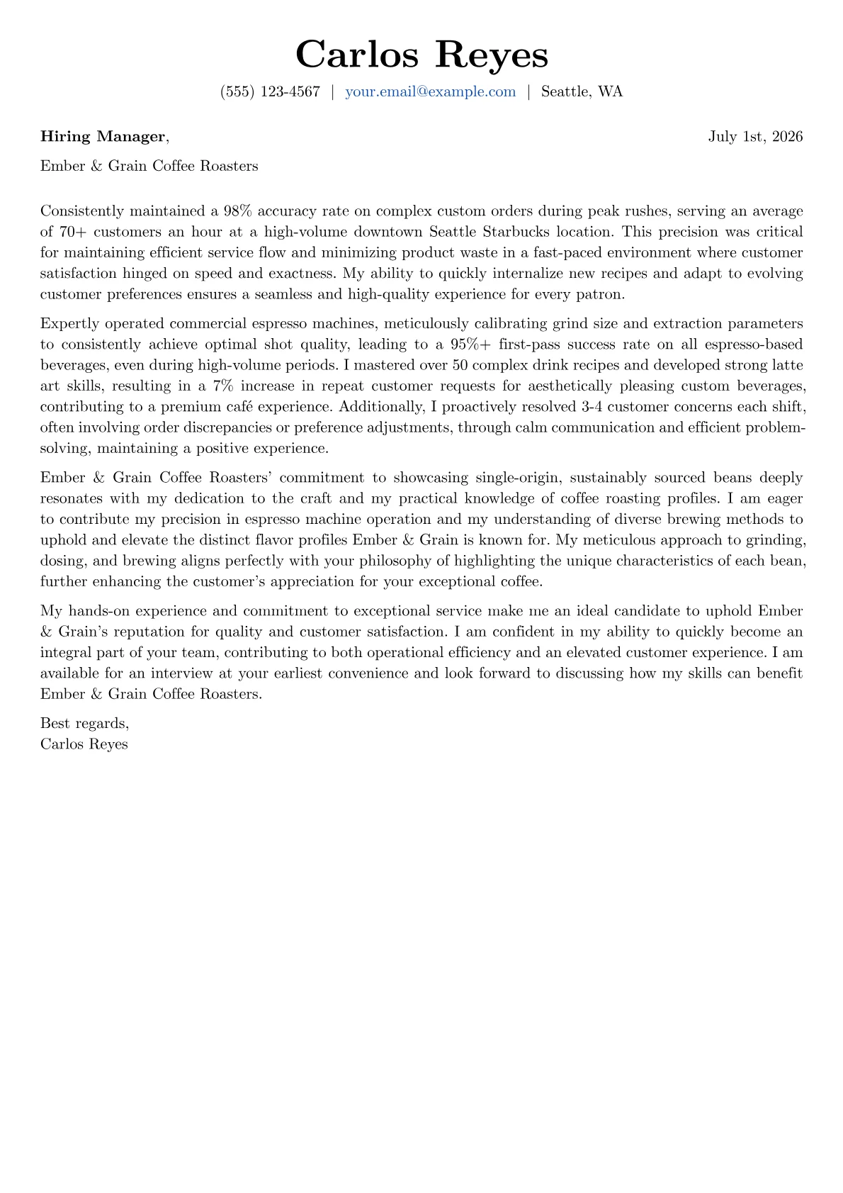Barista cover letter formatted with a JobSprout template