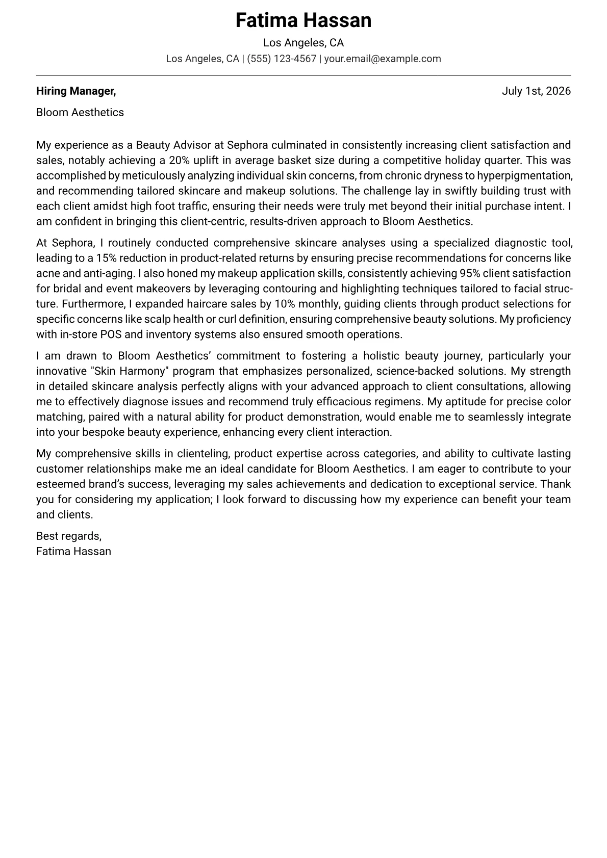 Beauty Advisor cover letter formatted with a JobSprout template