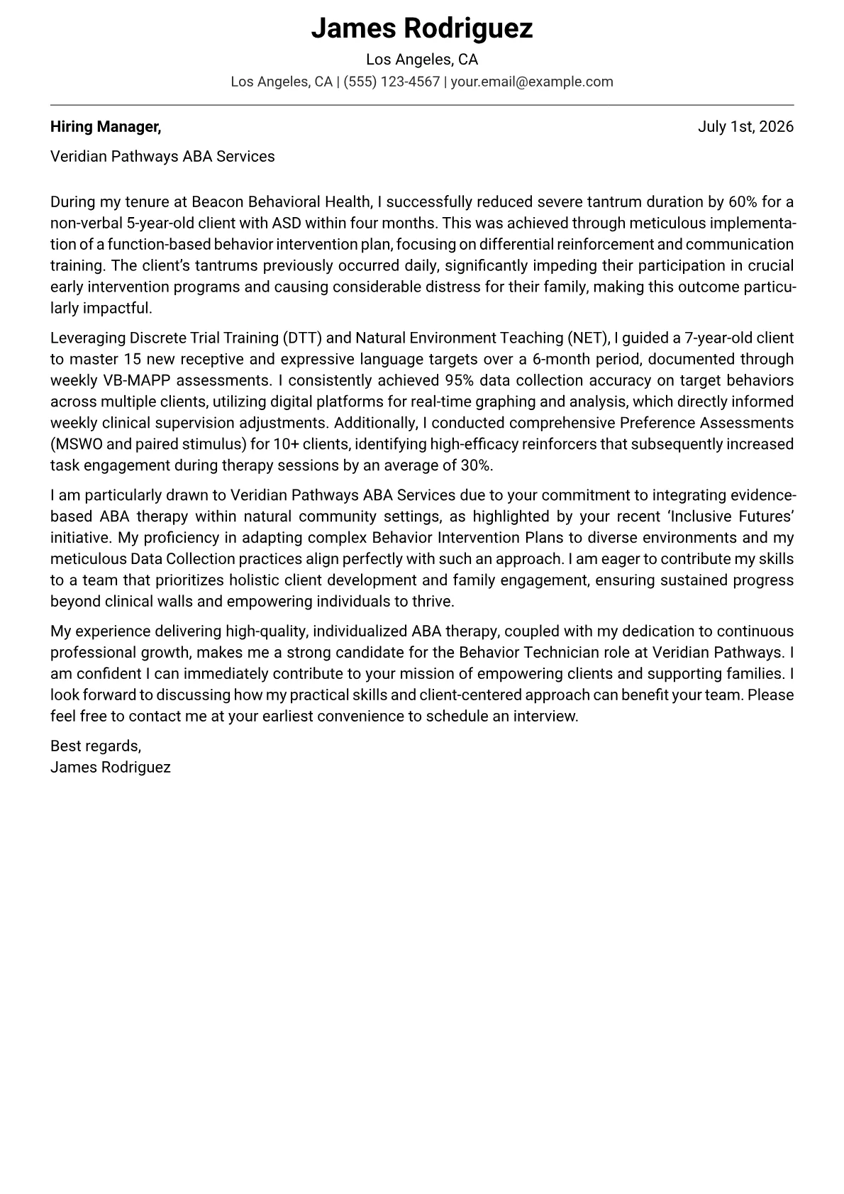 Behavior Technician cover letter formatted with a JobSprout template
