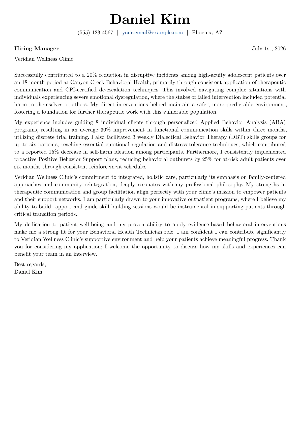 Behavioral Health Technician cover letter formatted with a JobSprout template