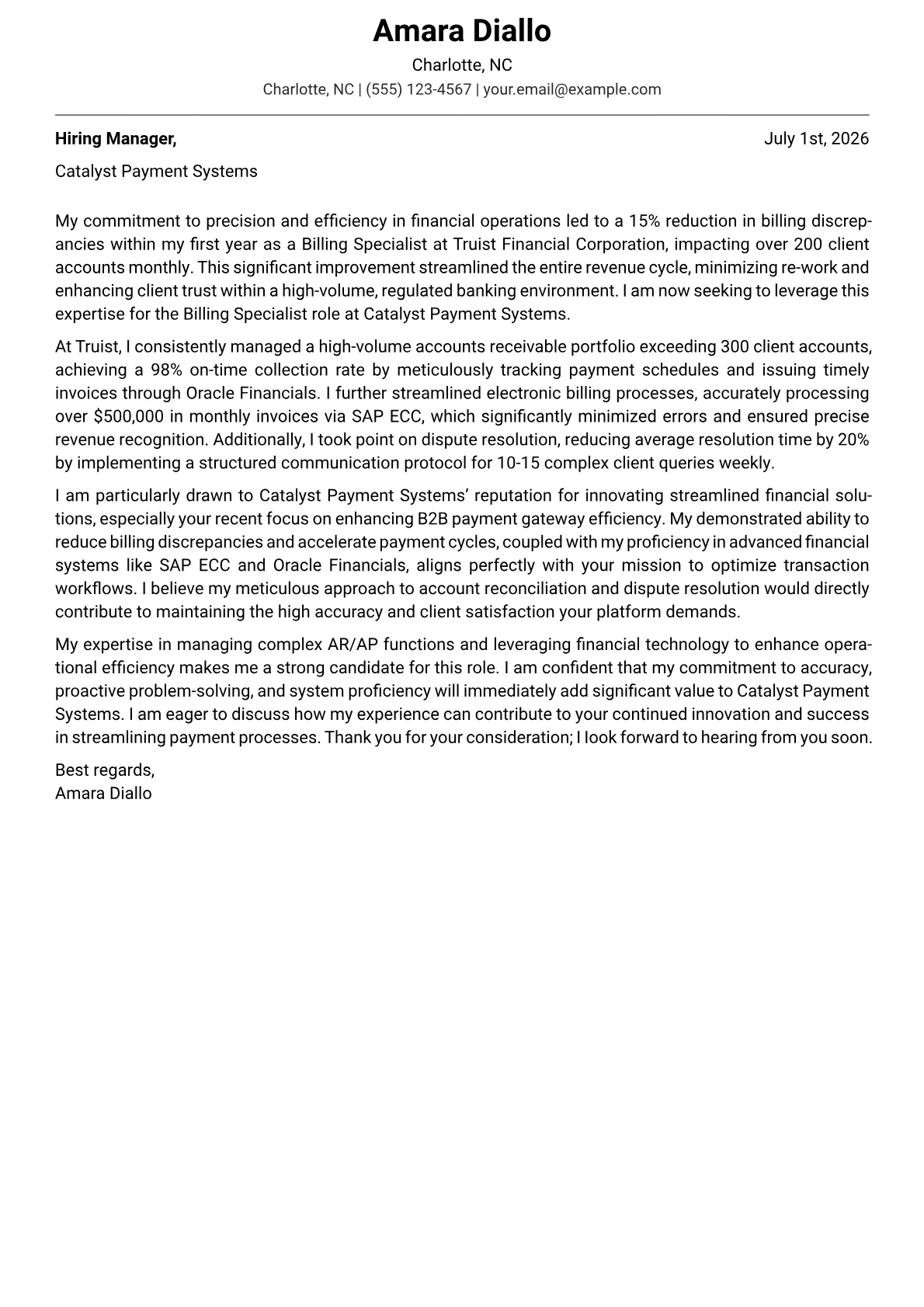 Billing Specialist cover letter formatted with a JobSprout template