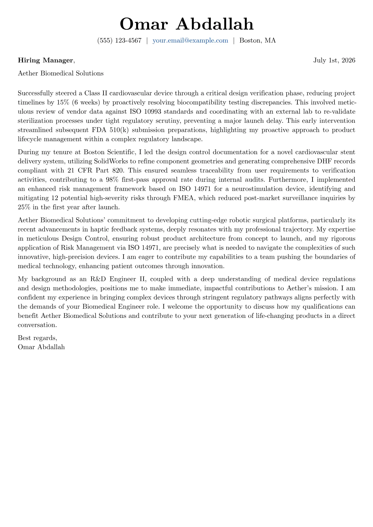Biomedical Engineer cover letter formatted with a JobSprout template