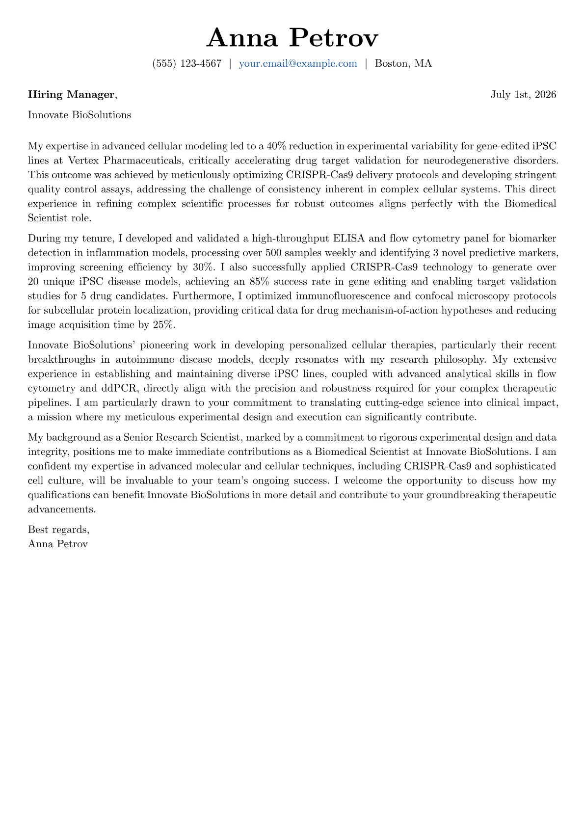 Biomedical Scientist cover letter formatted with a JobSprout template