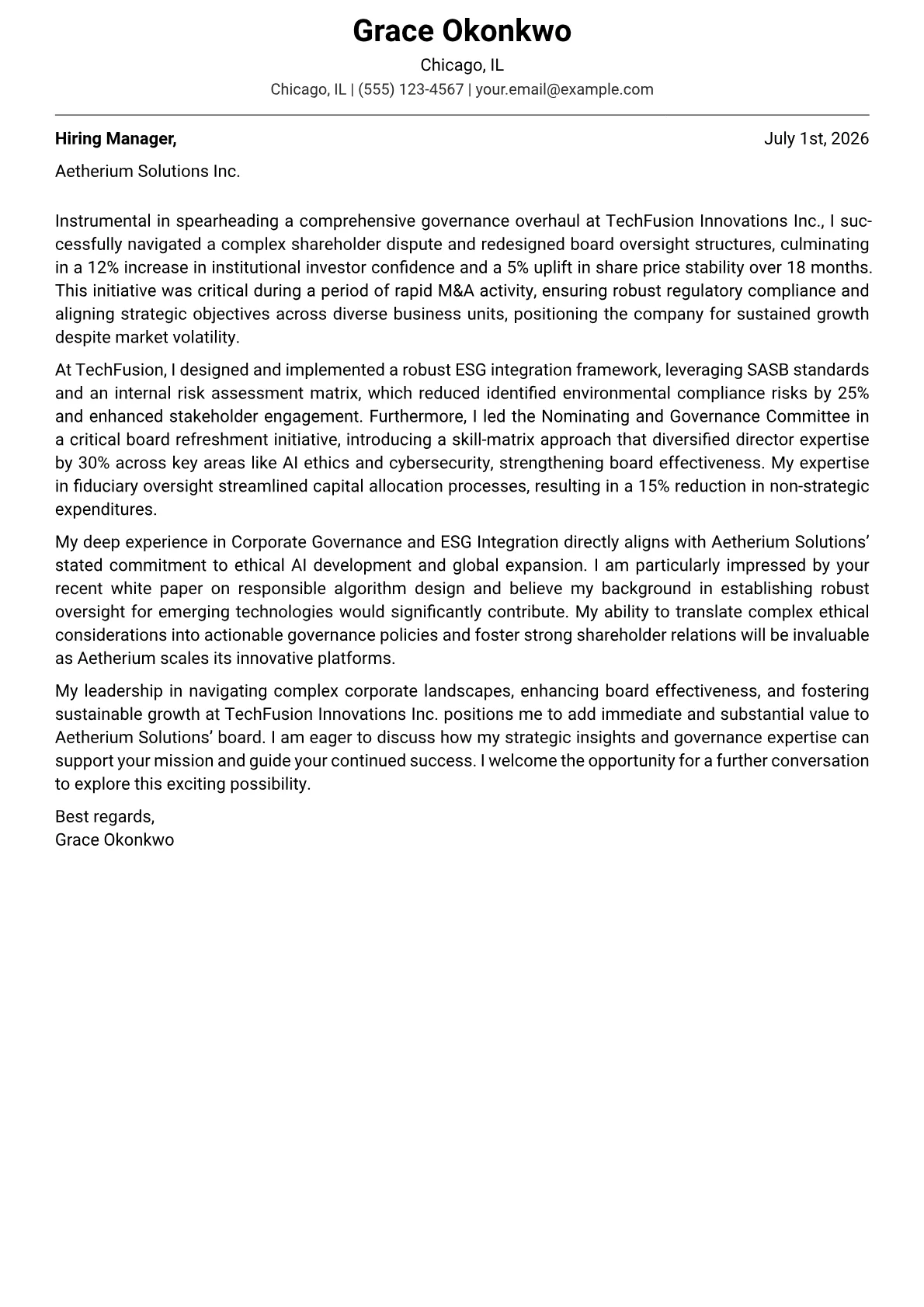 Board Member cover letter formatted with a JobSprout template