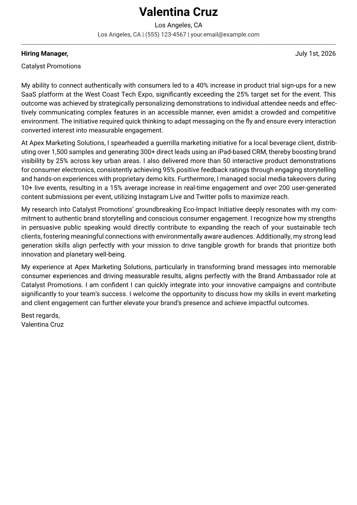Brand Ambassador cover letter formatted with a JobSprout template