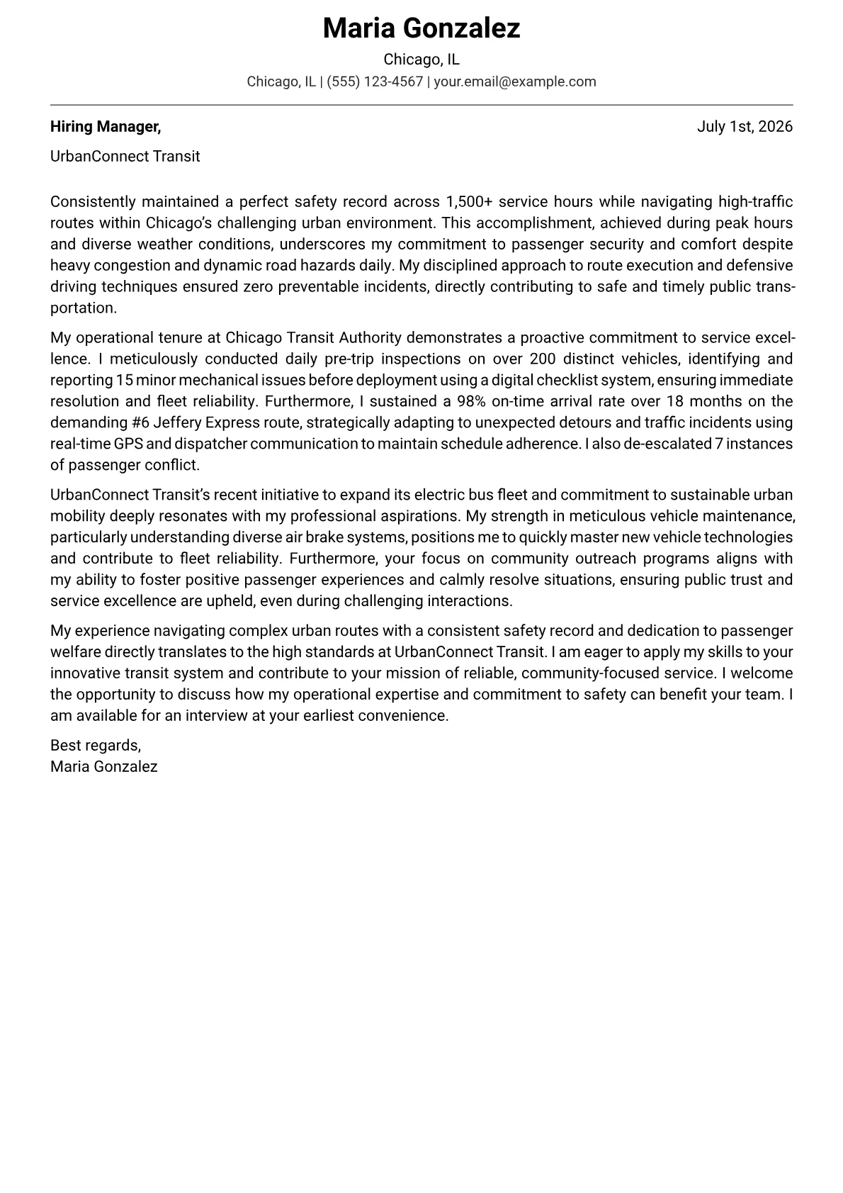Bus Operator cover letter formatted with a JobSprout template