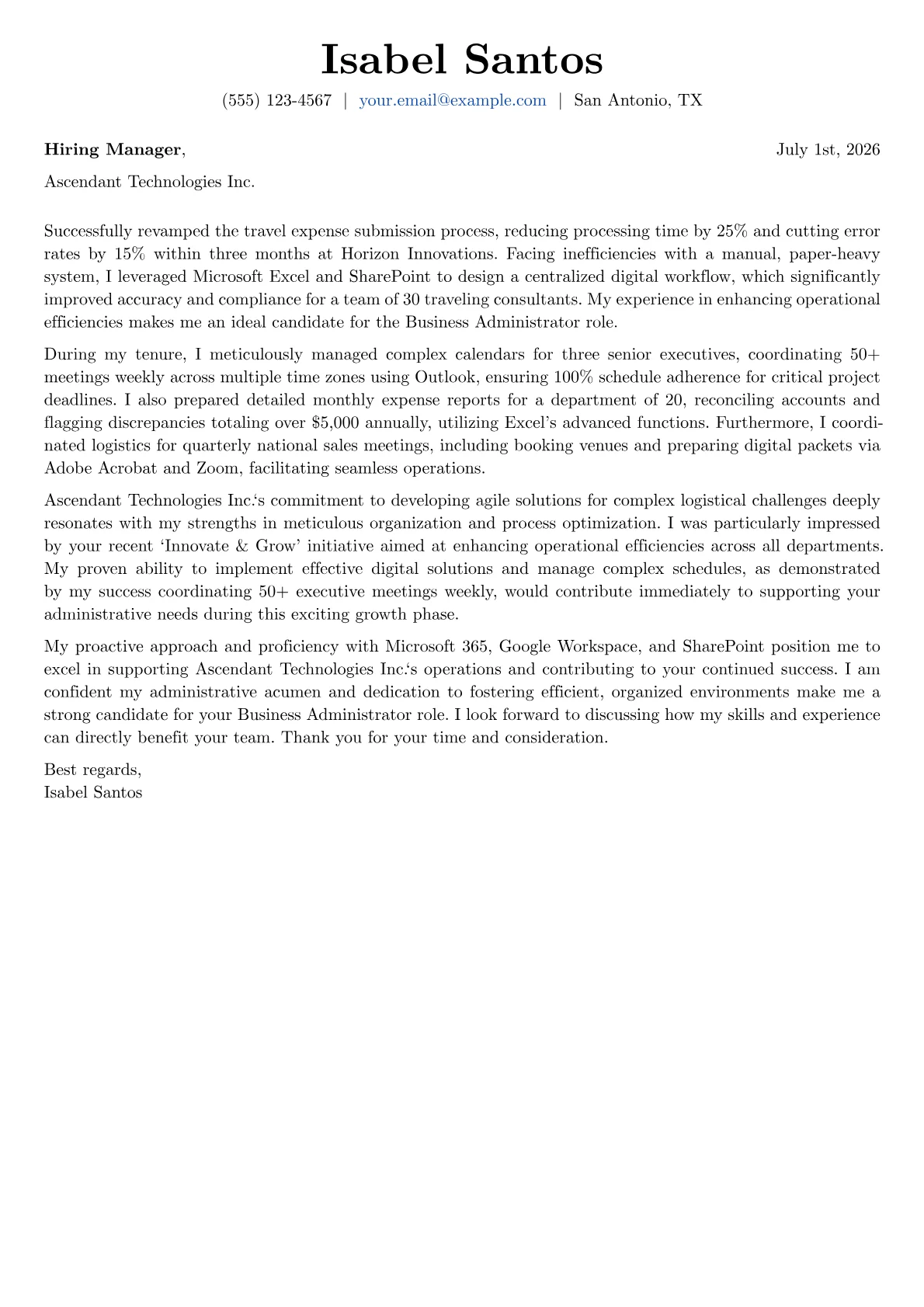 Business Administrator cover letter formatted with a JobSprout template