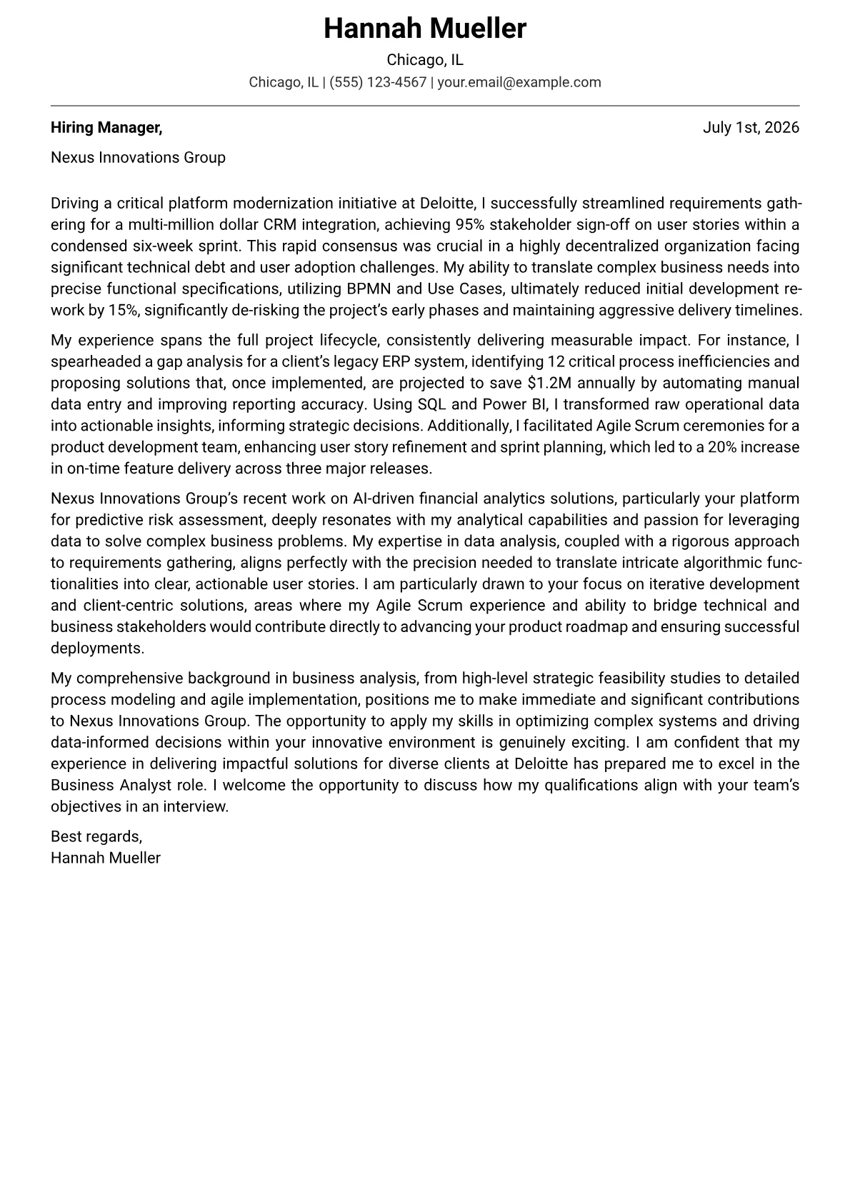 Business Analyst cover letter formatted with a JobSprout template