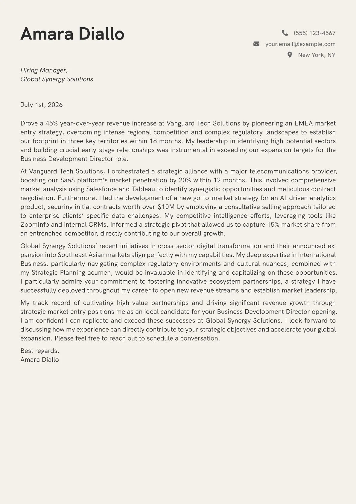 Business Development Director cover letter formatted with a JobSprout template