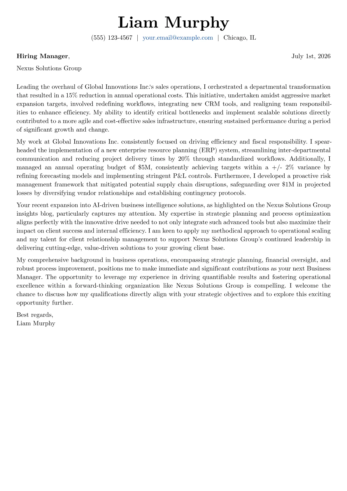 Business Manager cover letter formatted with a JobSprout template