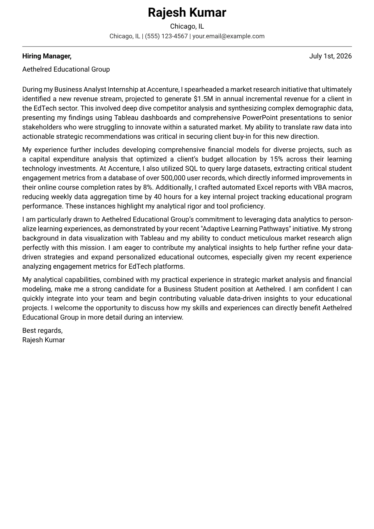 Business Student cover letter formatted with a JobSprout template