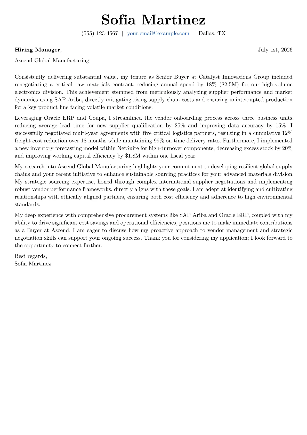 Buyer cover letter formatted with a JobSprout template
