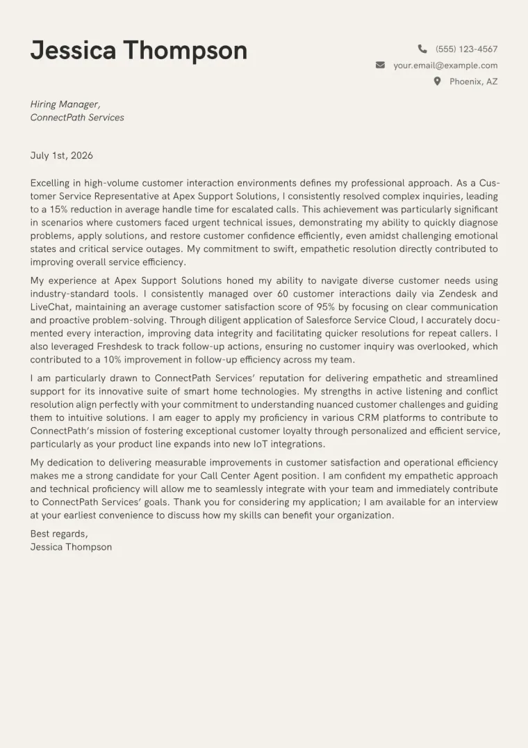Call Center Agent Cover Letter Example