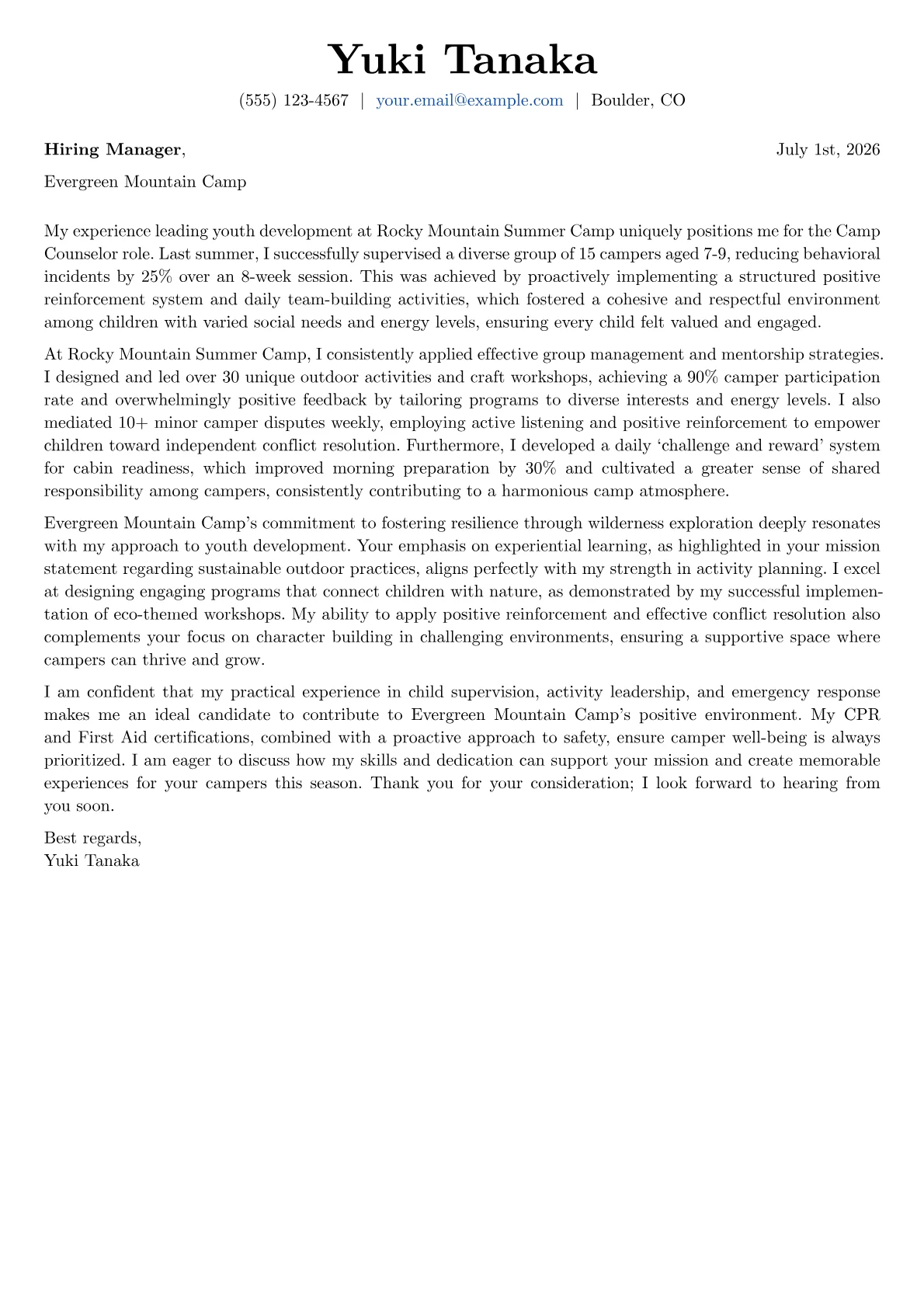 Camp Counselor cover letter formatted with a JobSprout template