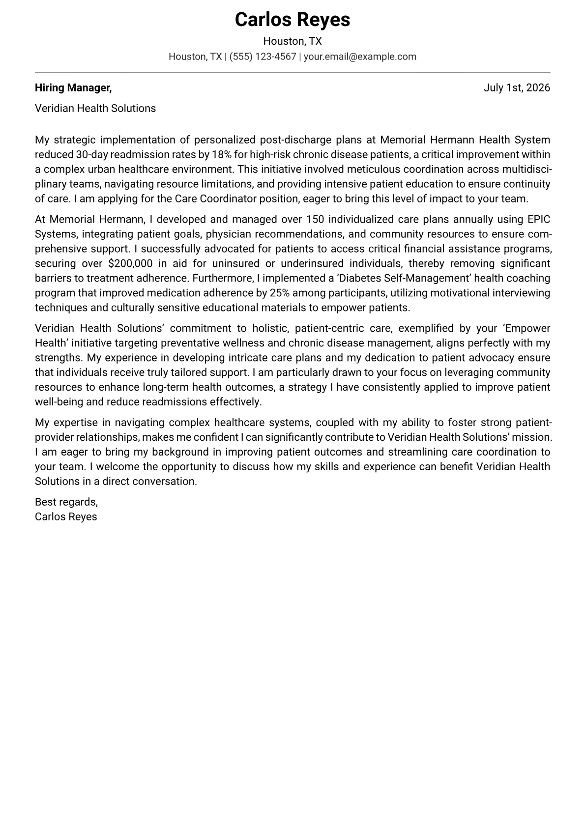 Care Coordinator cover letter formatted with a JobSprout template