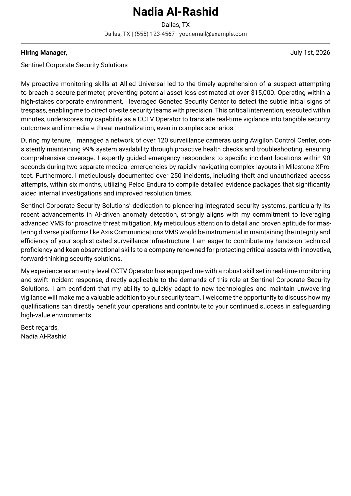 CCTV Operator cover letter formatted with a JobSprout template