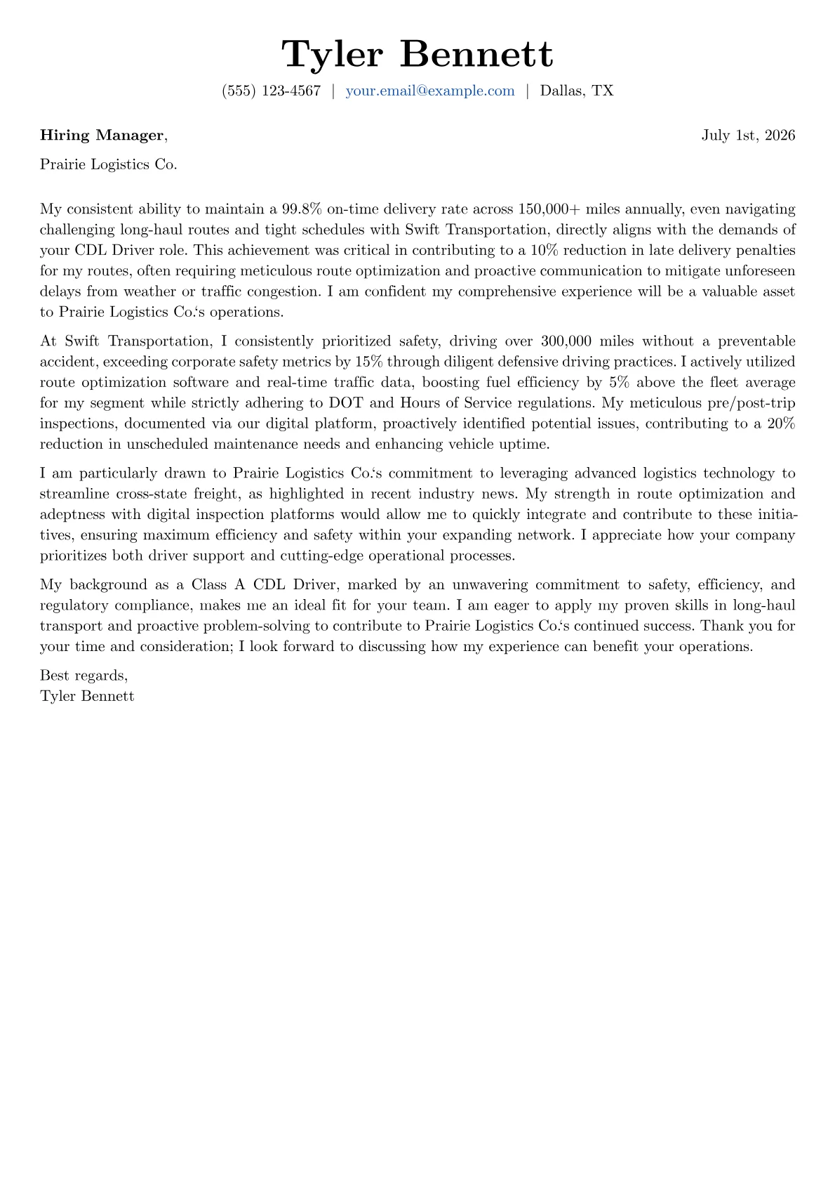 CDL Driver cover letter formatted with a JobSprout template