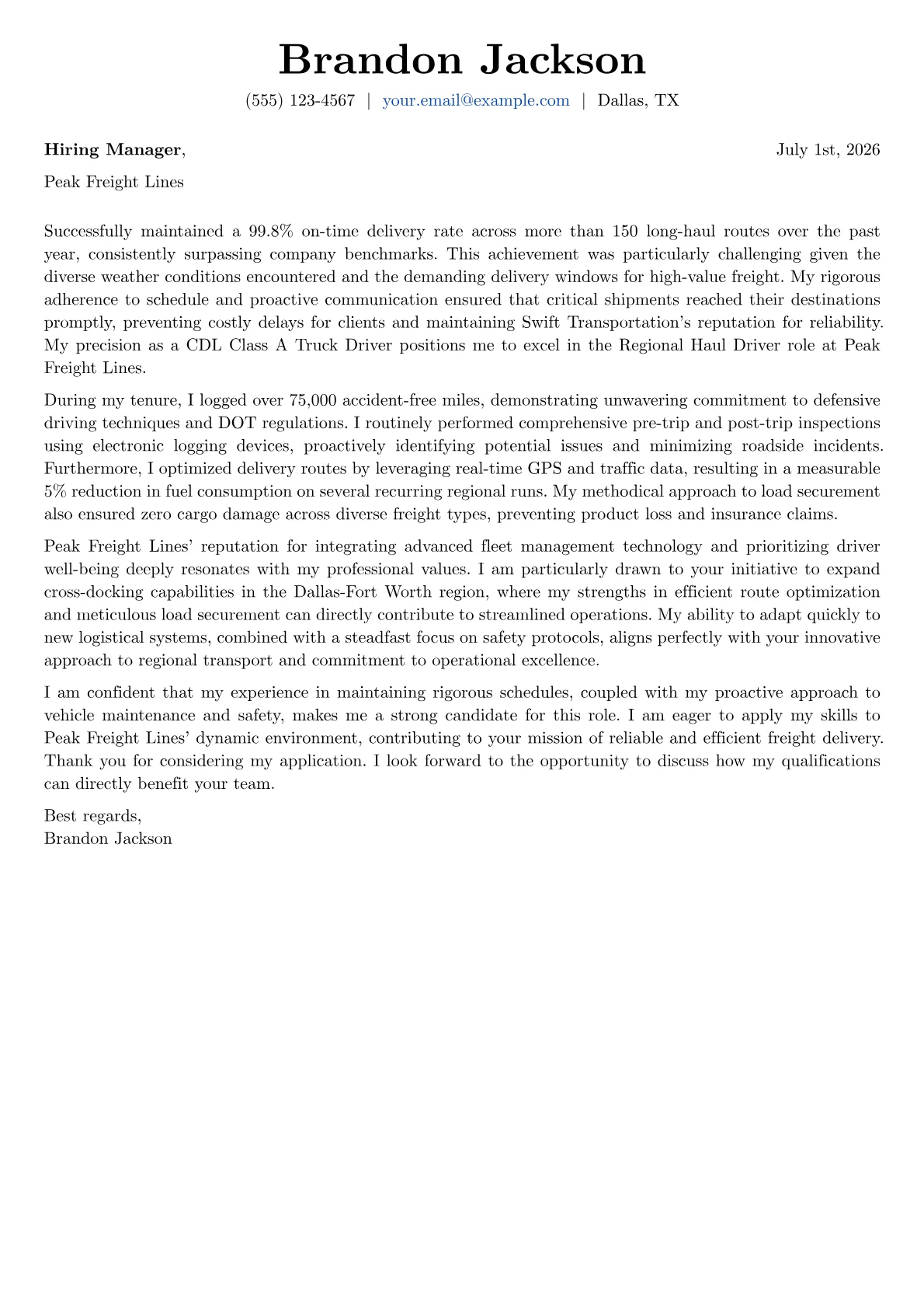 CDL Truck Driver cover letter formatted with a JobSprout template