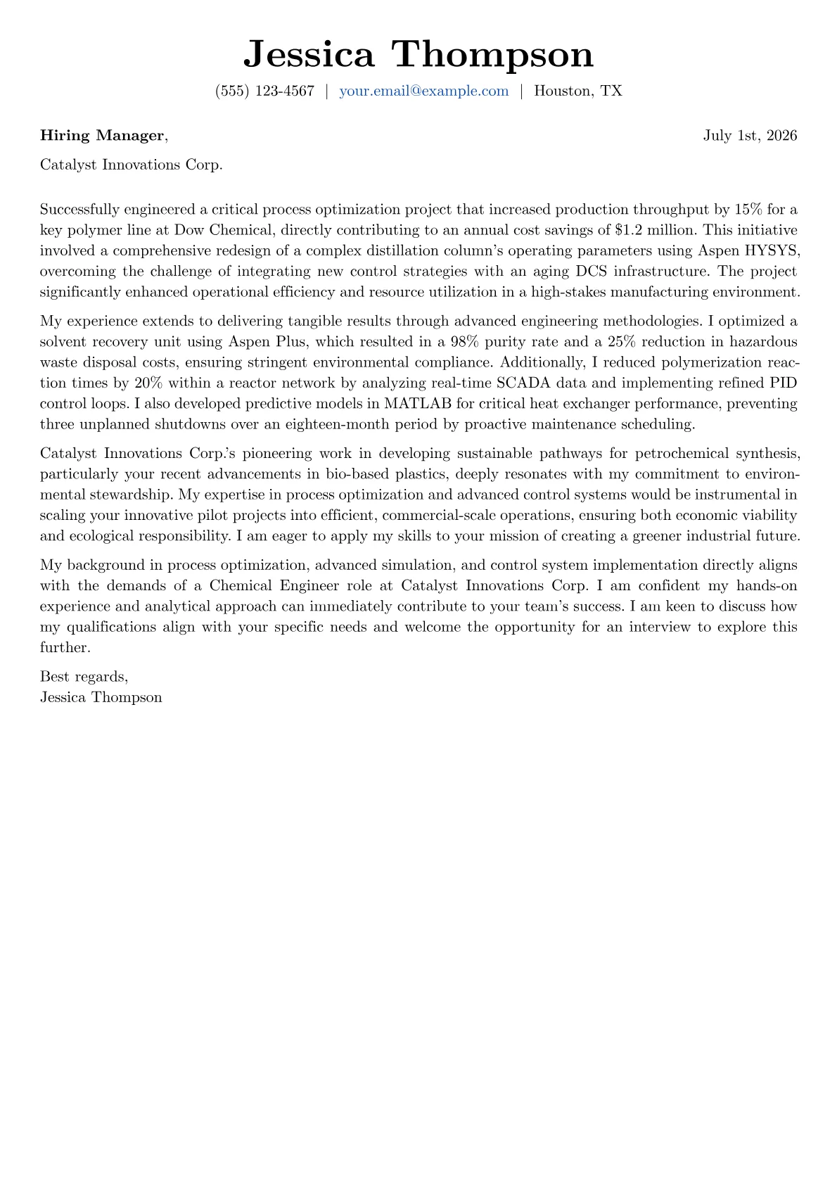 Chemical Engineer cover letter formatted with a JobSprout template