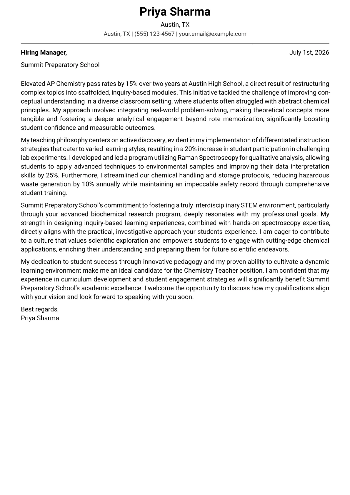 Chemistry Teacher cover letter formatted with a JobSprout template