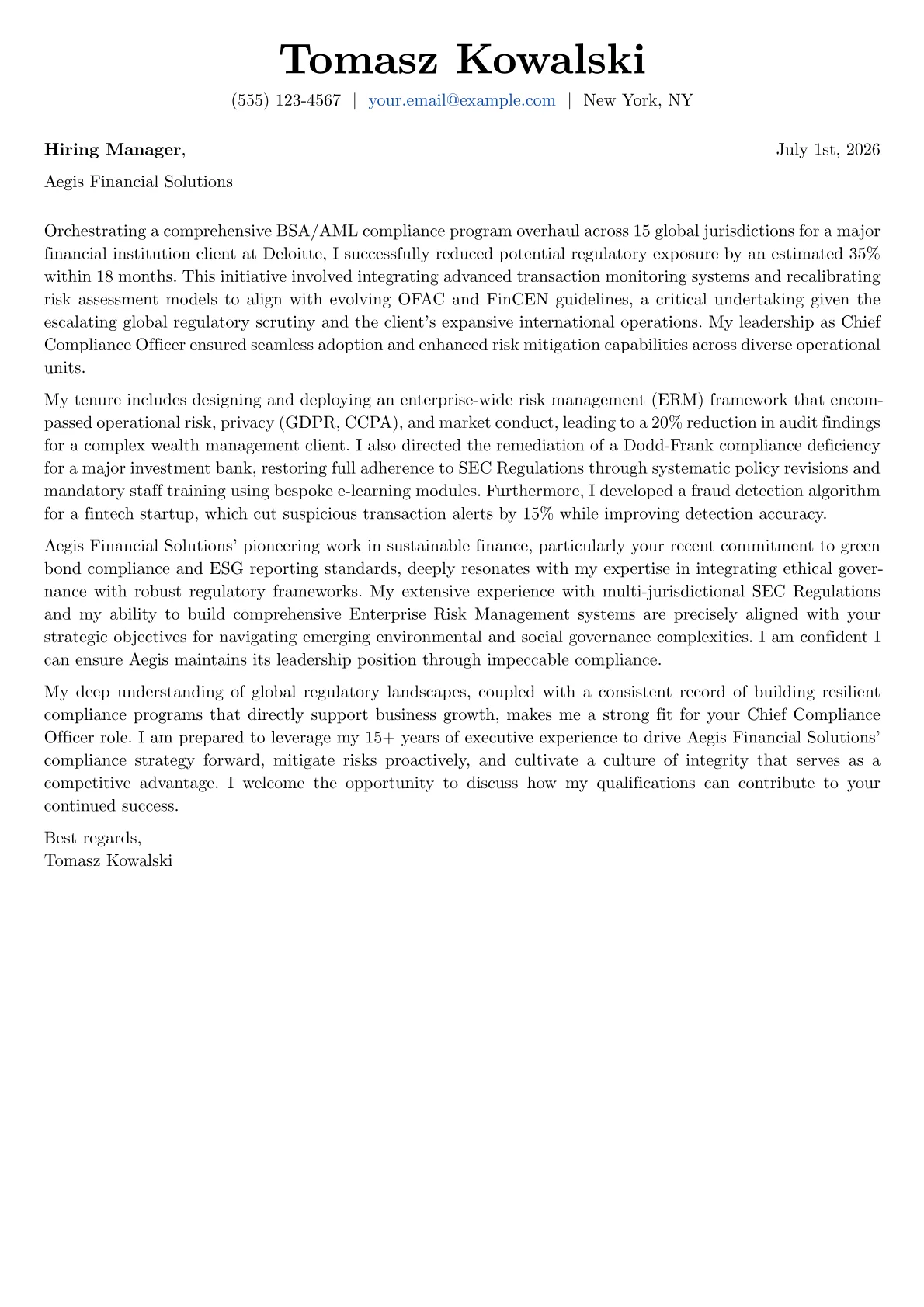 Chief Compliance Officer cover letter formatted with a JobSprout template