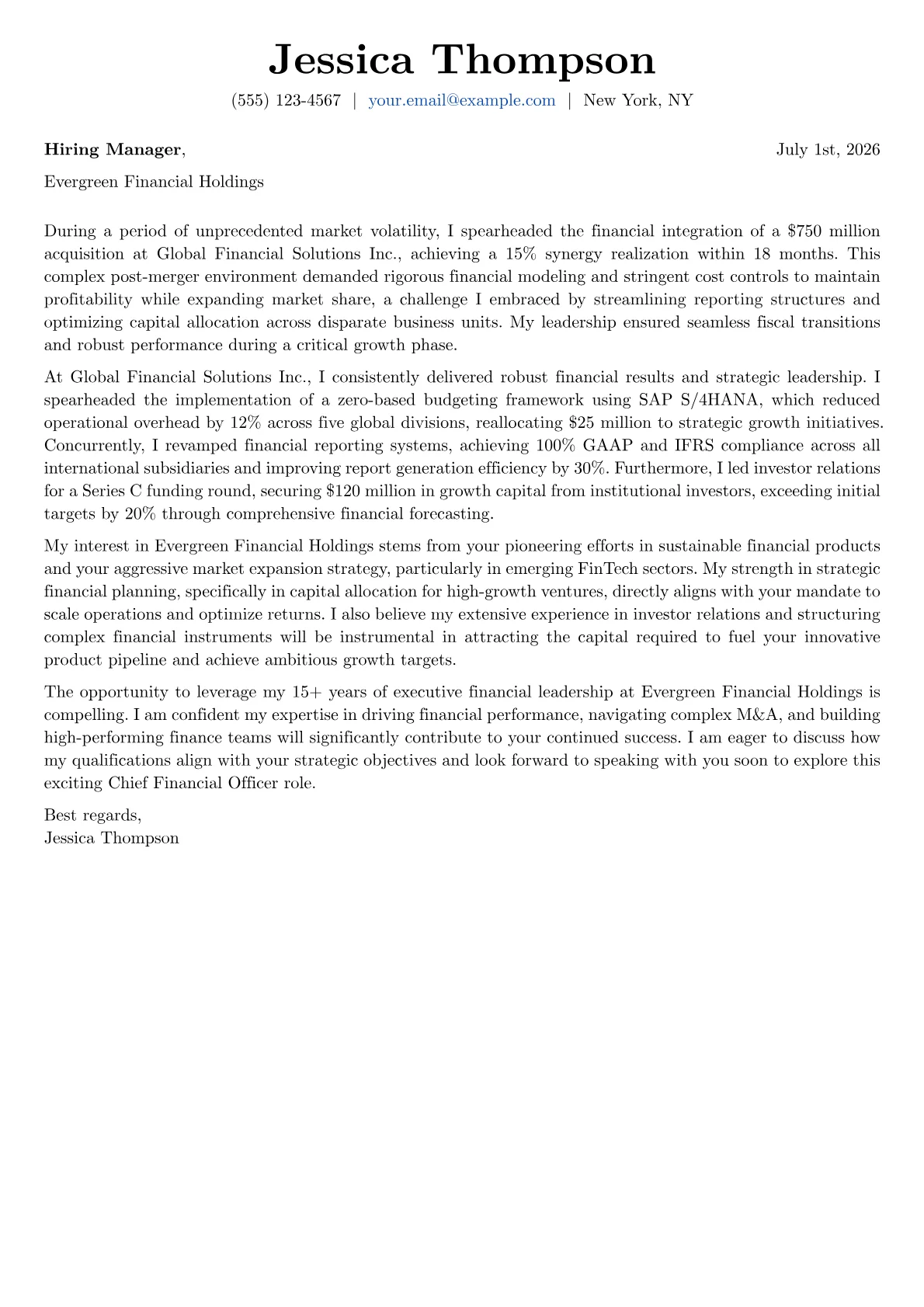 Chief Financial Officer cover letter formatted with a JobSprout template