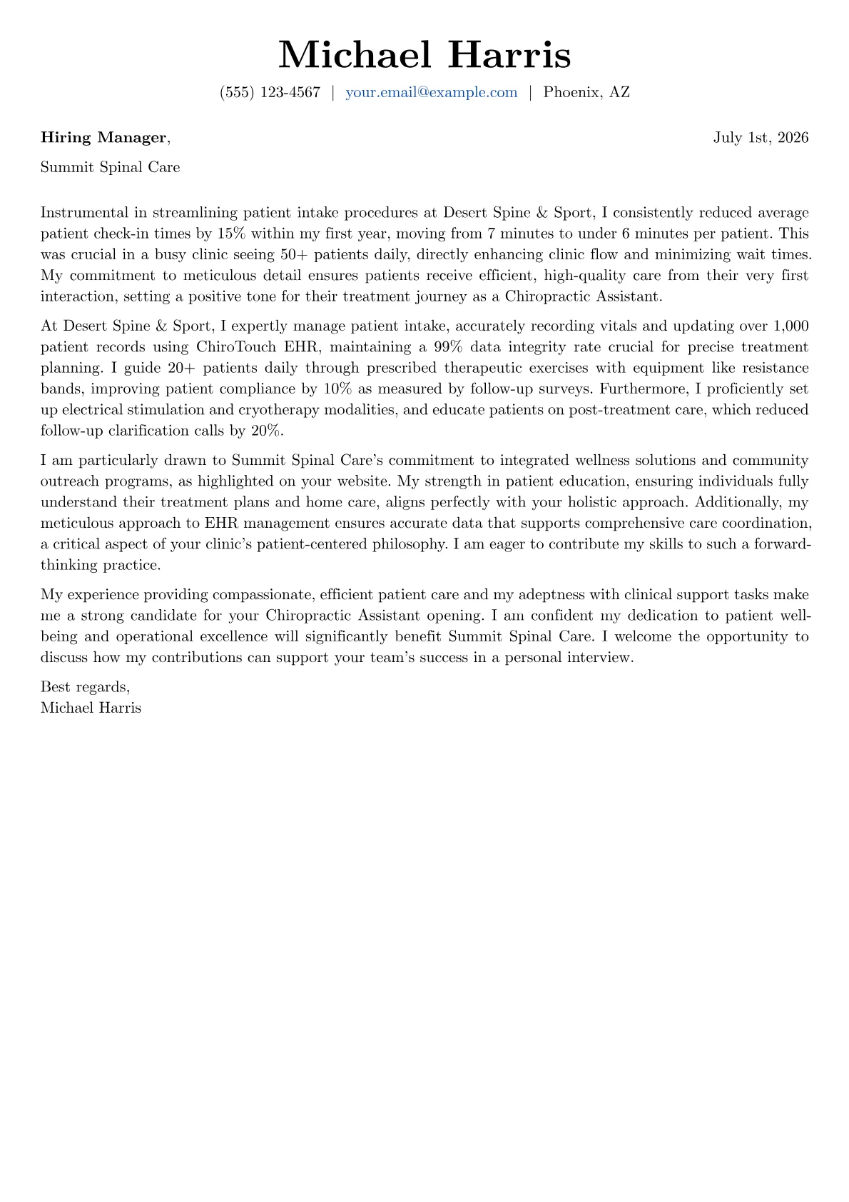 Chiropractic Assistant cover letter formatted with a JobSprout template