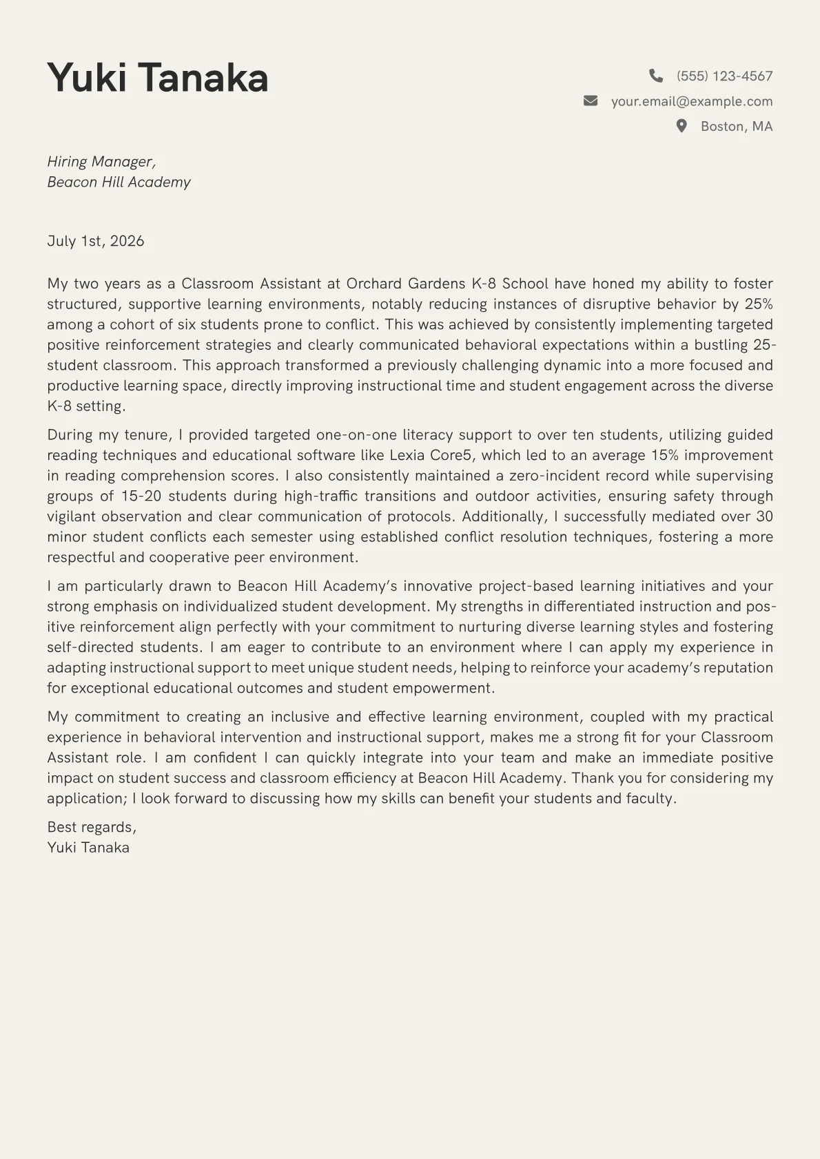 Classroom Assistant cover letter formatted with a JobSprout template