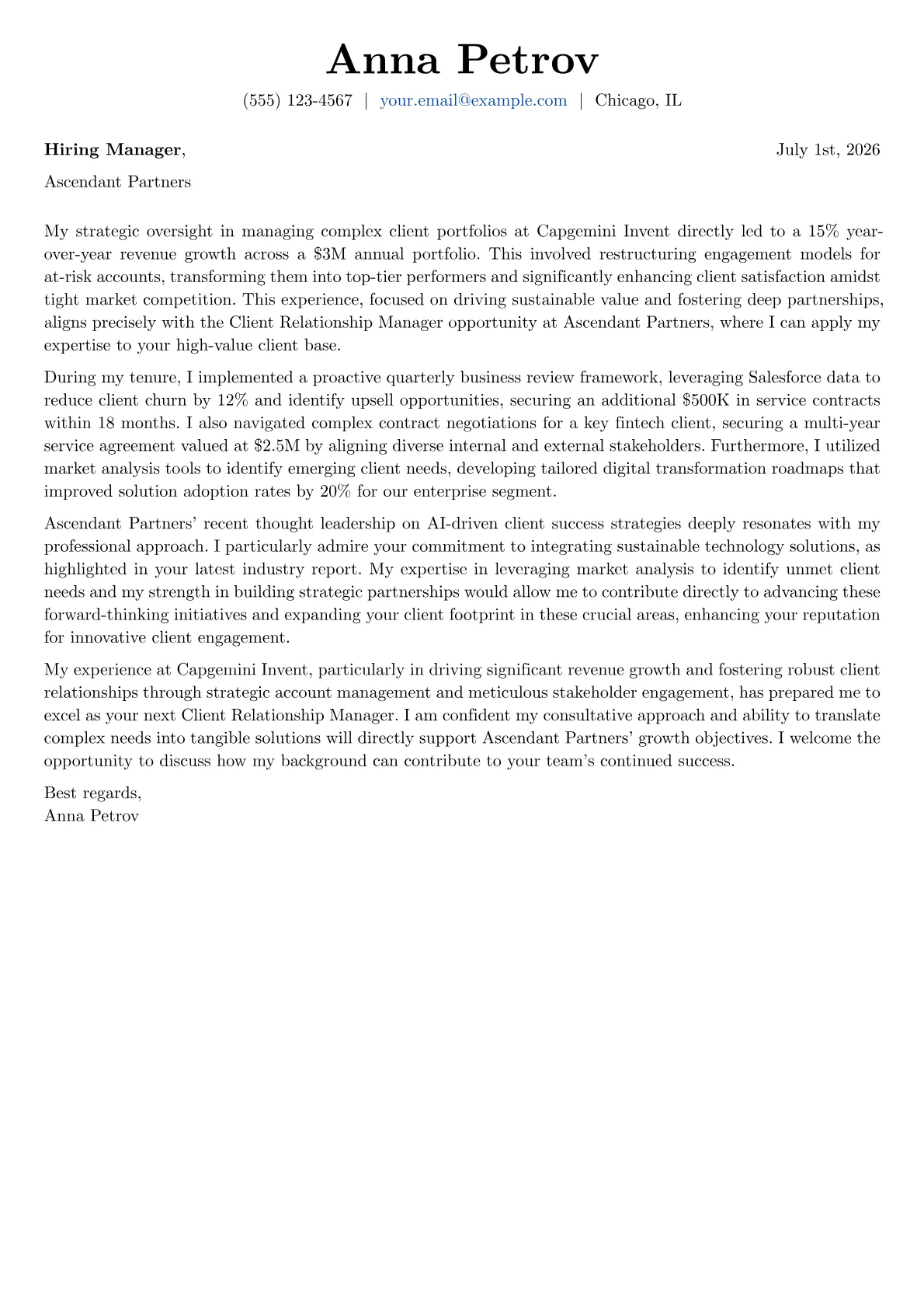 Client Relationship Manager cover letter formatted with a JobSprout template