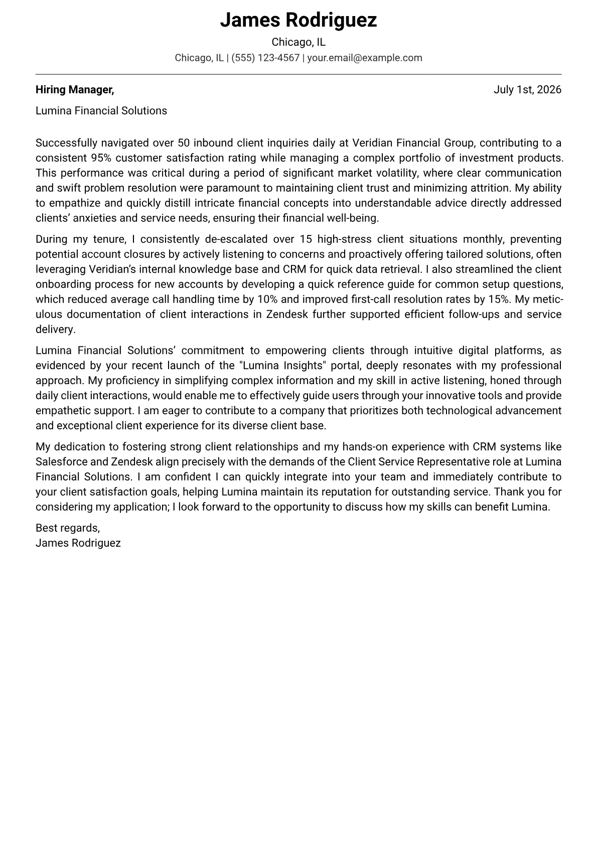 Client Service Representative cover letter formatted with a JobSprout template