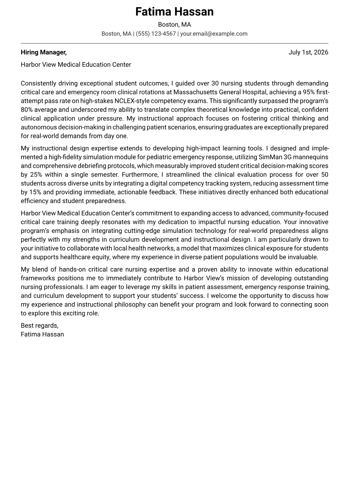 Clinical Instructor cover letter formatted with a JobSprout template