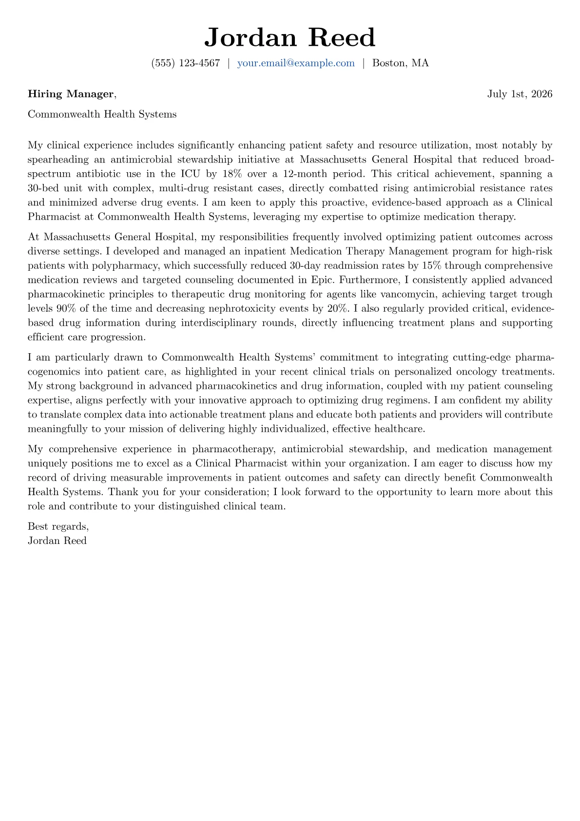 Clinical Pharmacist cover letter formatted with a JobSprout template