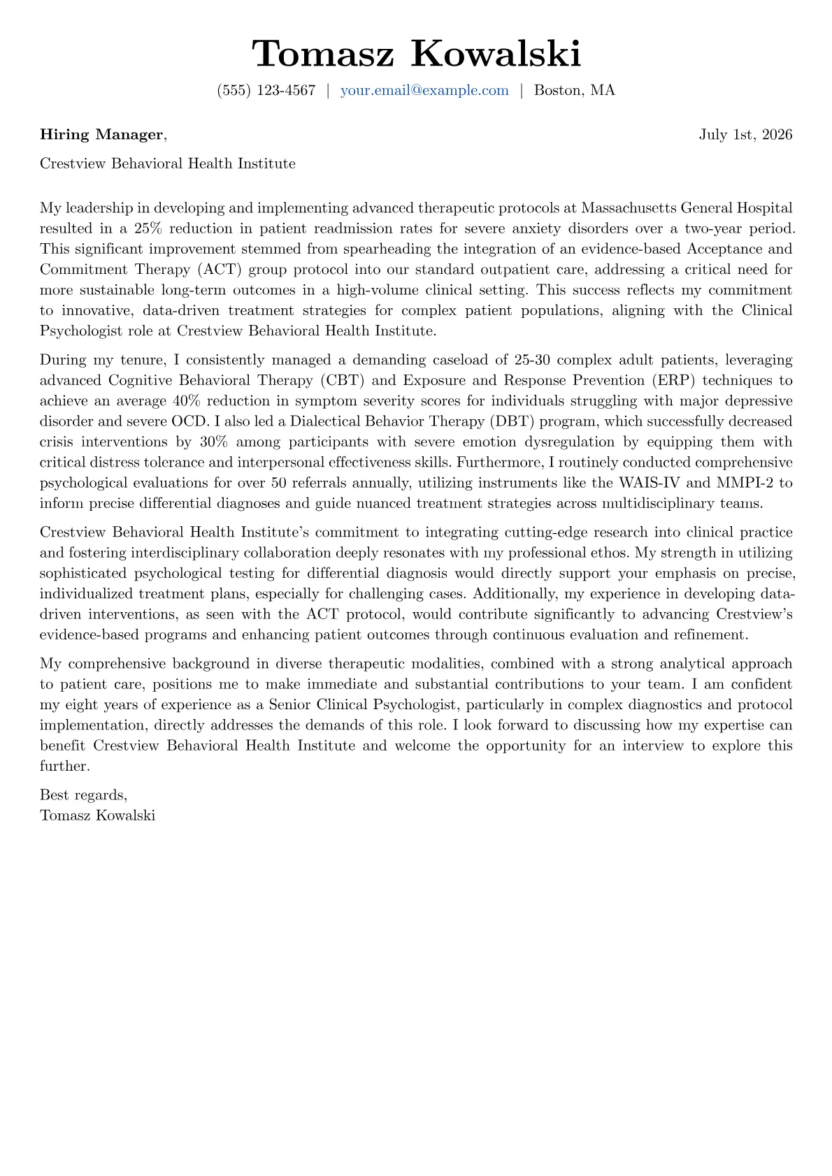 Clinical Psychologist cover letter formatted with a JobSprout template