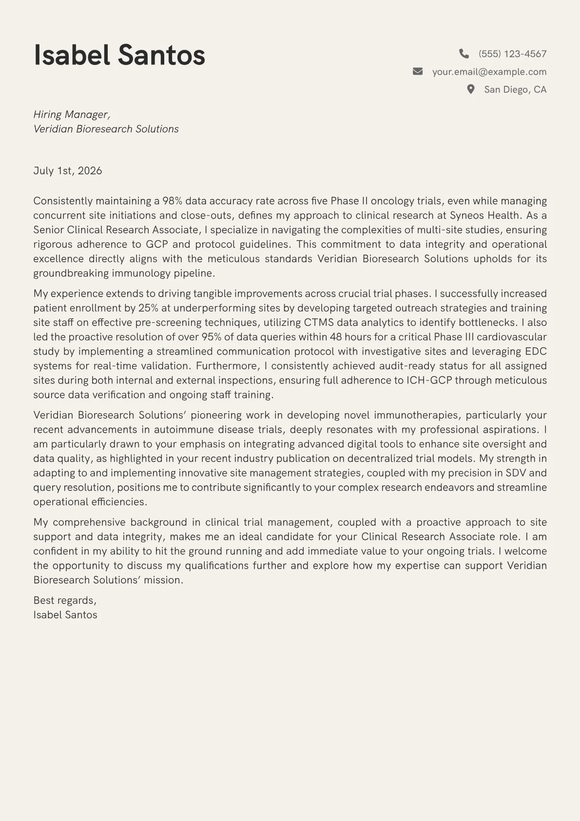 Clinical Research Associate cover letter formatted with a JobSprout template