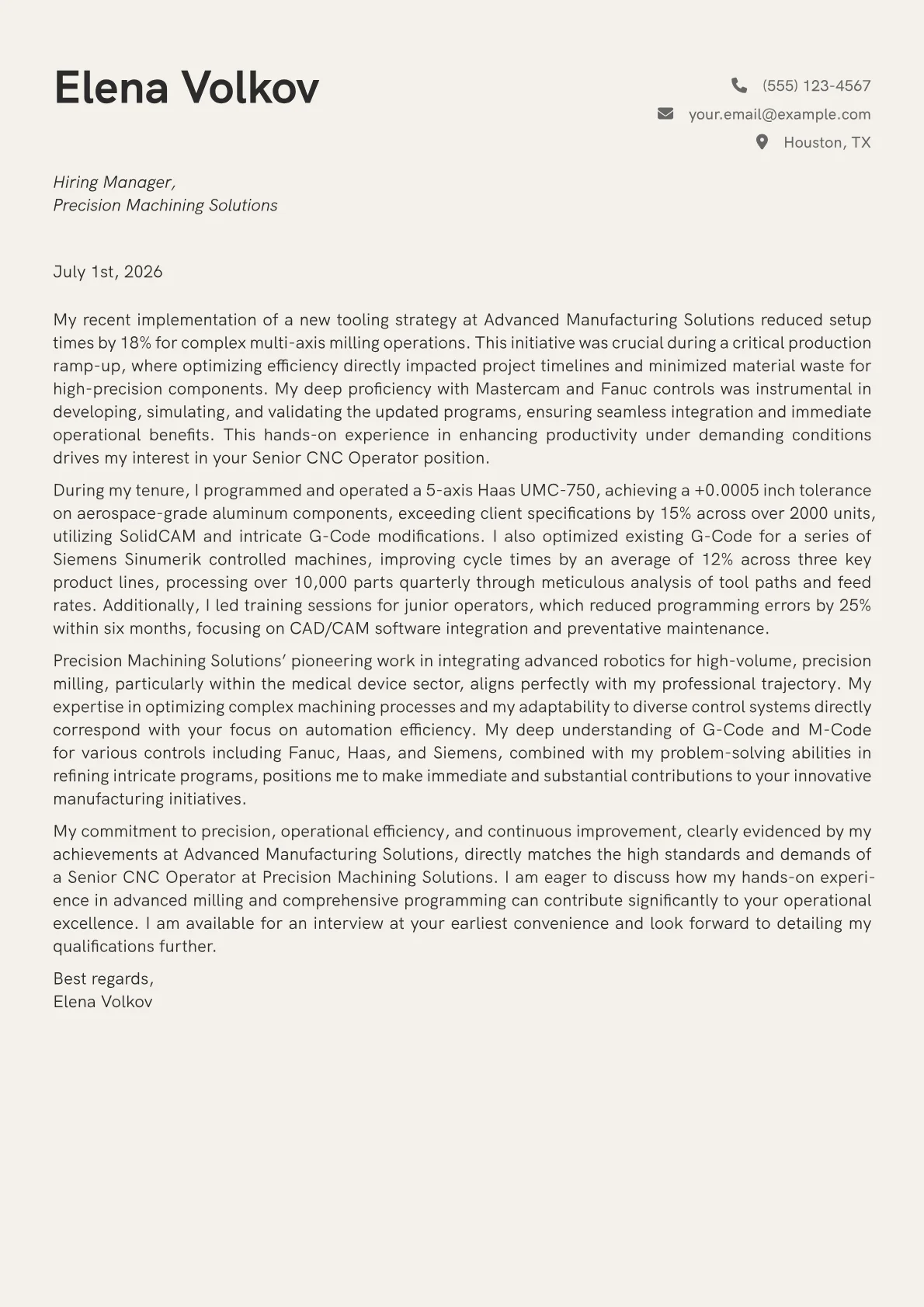 CNC Operator cover letter formatted with a JobSprout template
