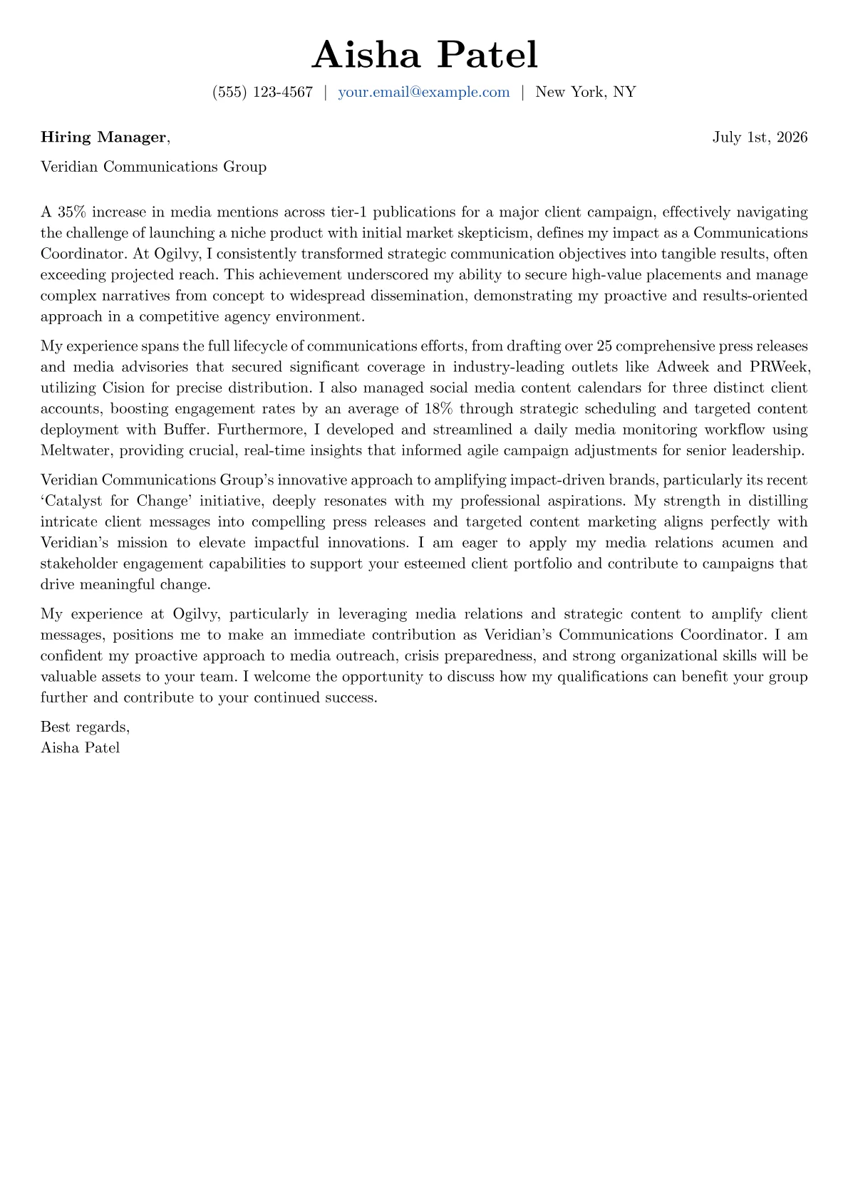 Communications Coordinator cover letter formatted with a JobSprout template