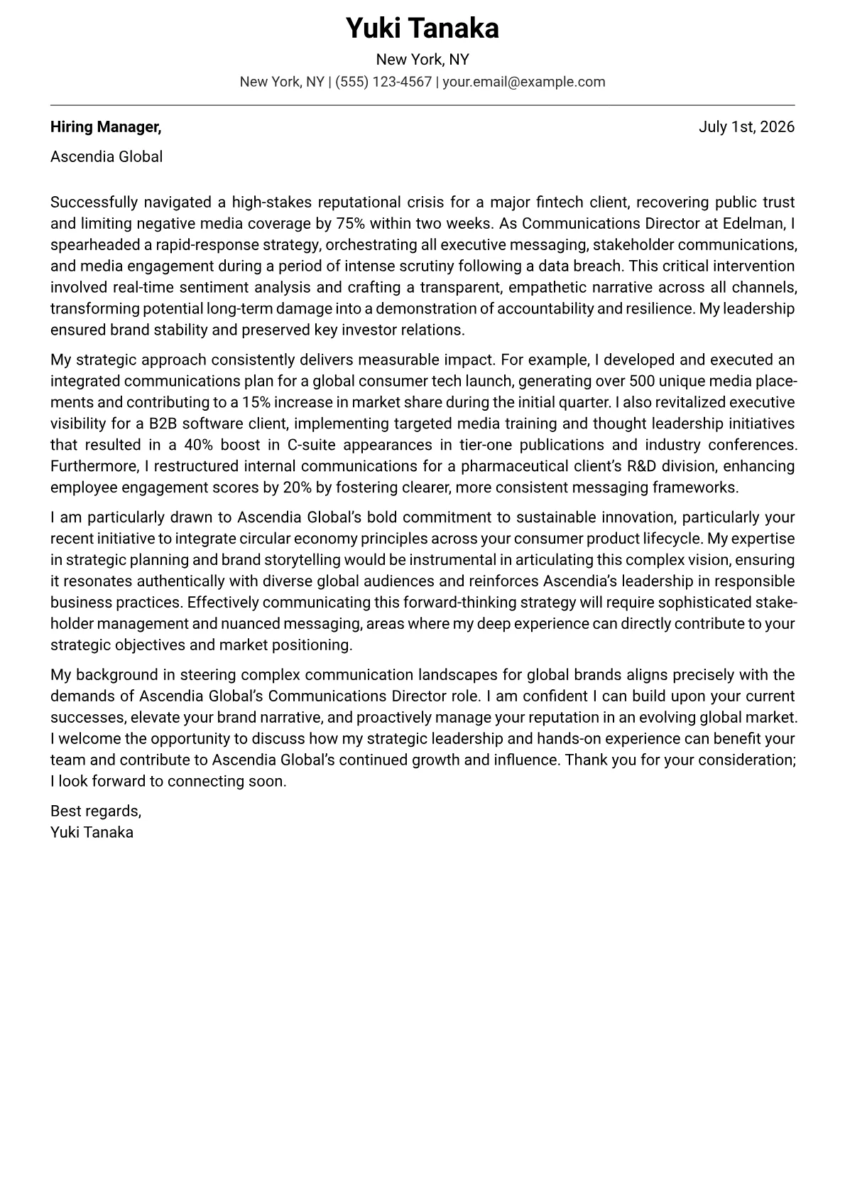 Communications Director cover letter formatted with a JobSprout template