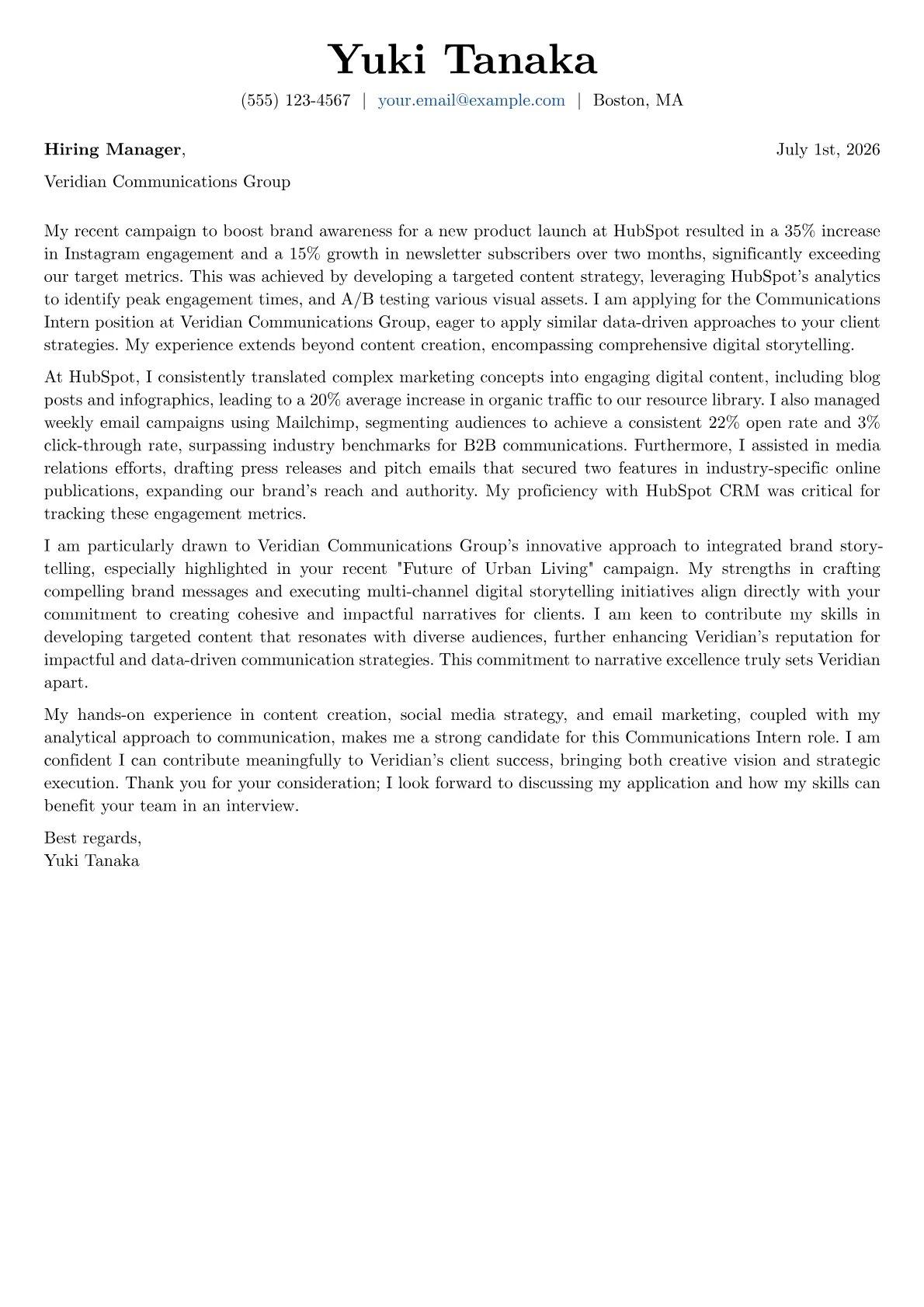 Communications Intern cover letter formatted with a JobSprout template