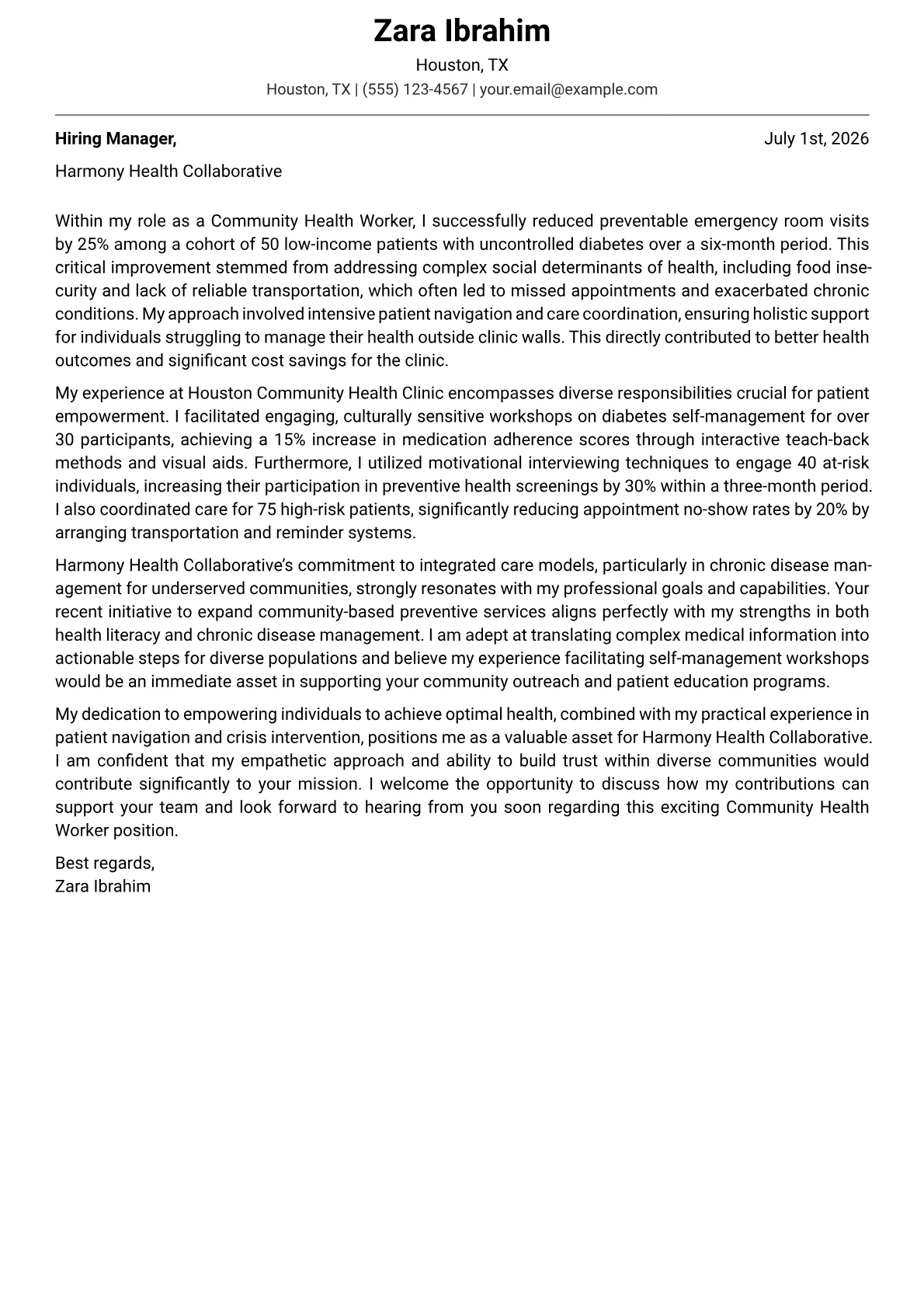 Community Health Worker cover letter formatted with a JobSprout template