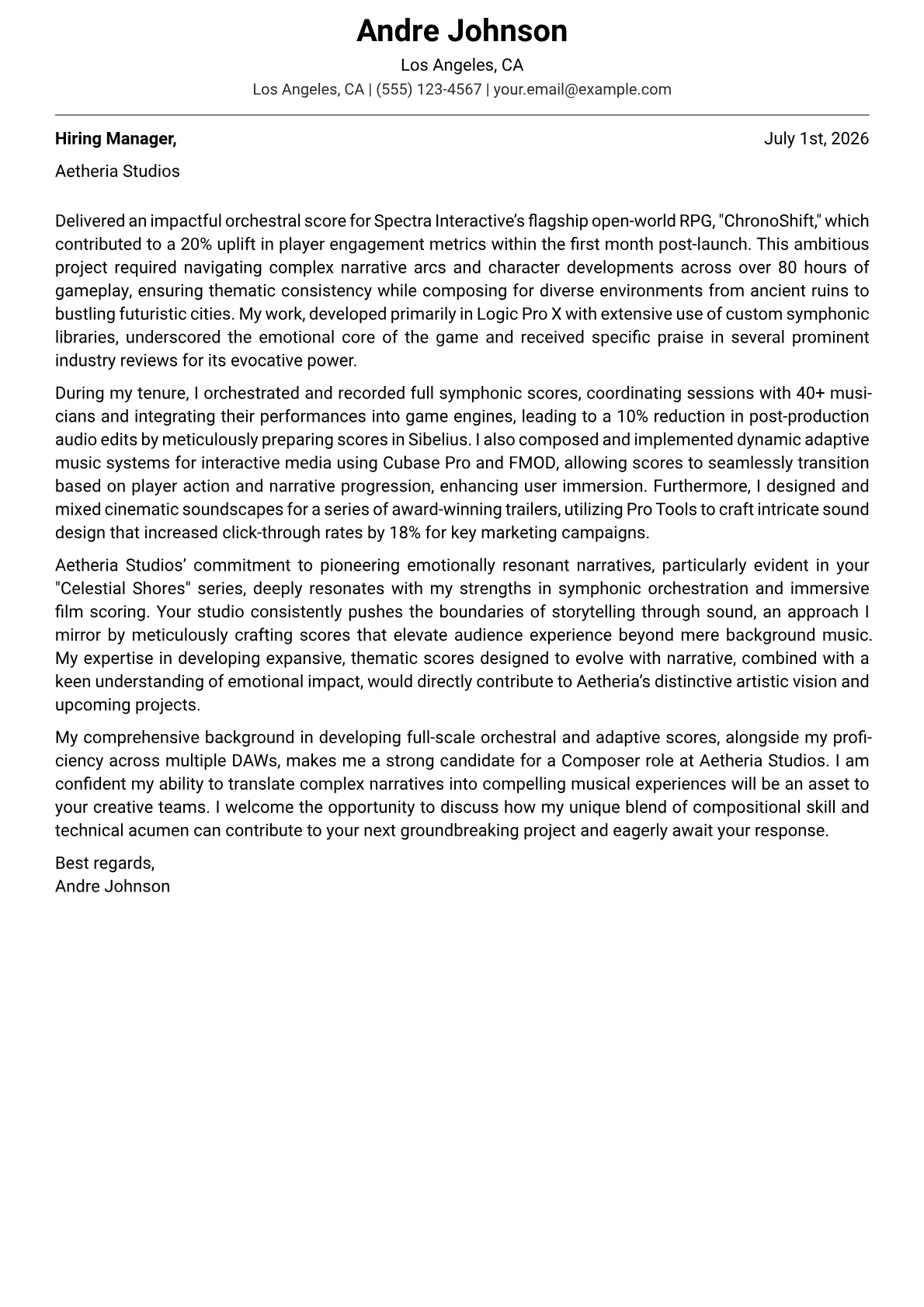 Composer cover letter formatted with a JobSprout template