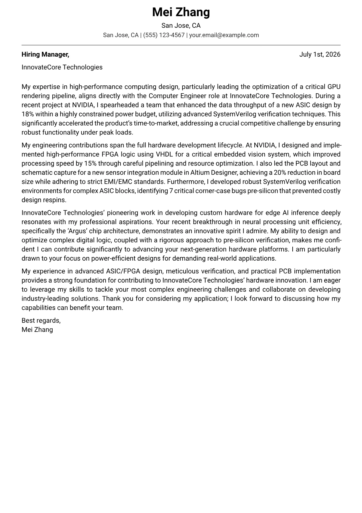 Computer Engineer cover letter formatted with a JobSprout template