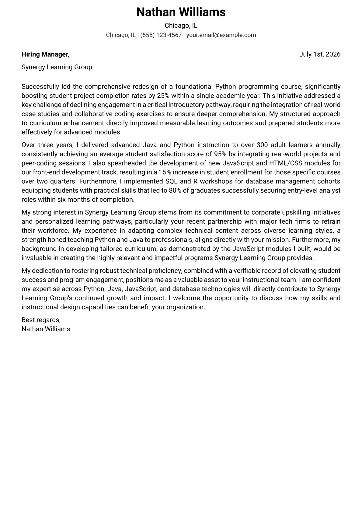 Computer Instructor cover letter formatted with a JobSprout template