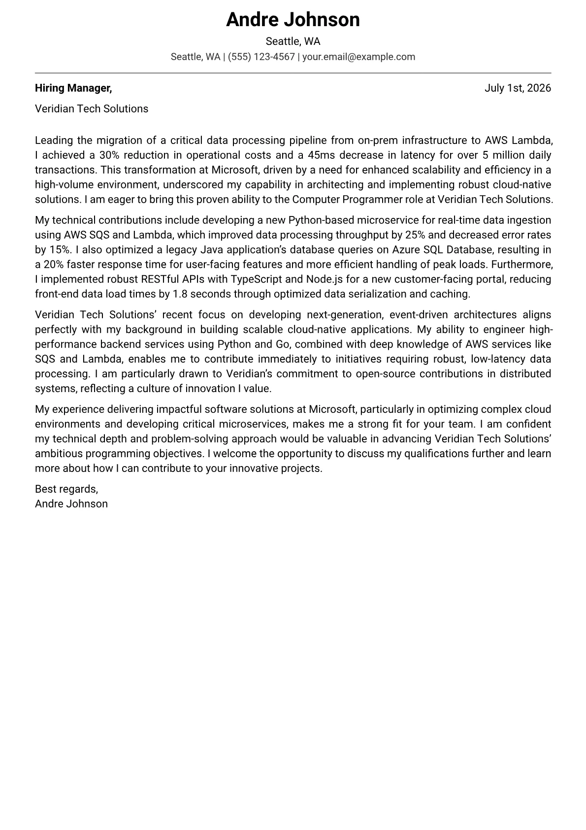 Computer Programmer cover letter formatted with a JobSprout template