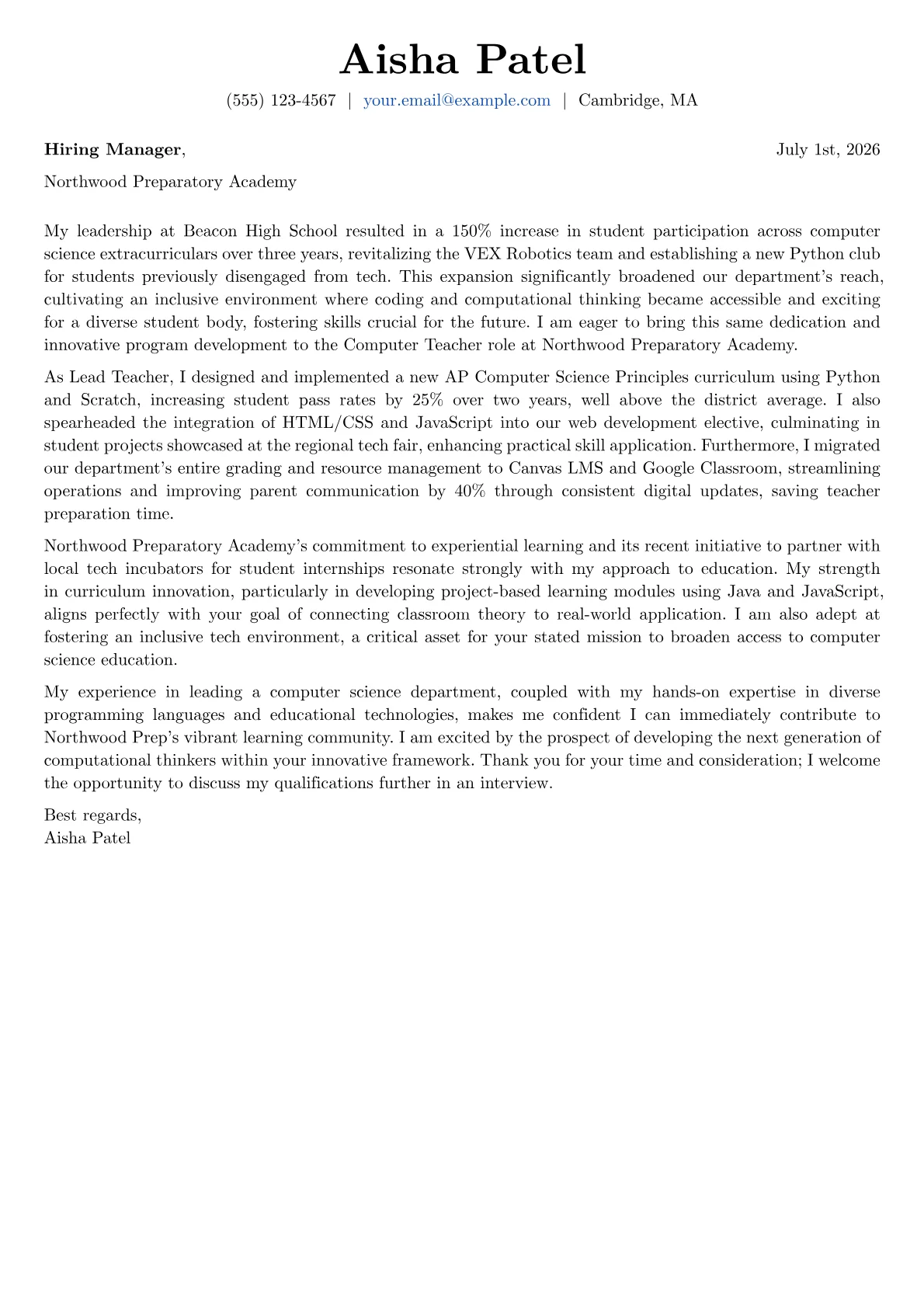Computer Teacher cover letter formatted with a JobSprout template
