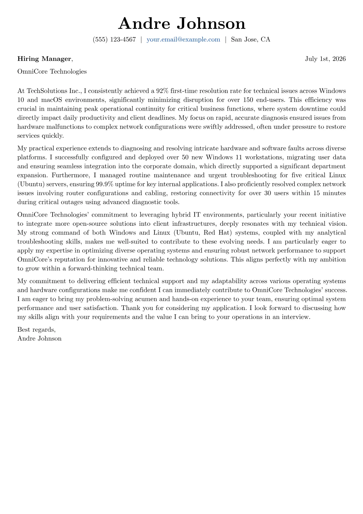 Computer Technician cover letter formatted with a JobSprout template