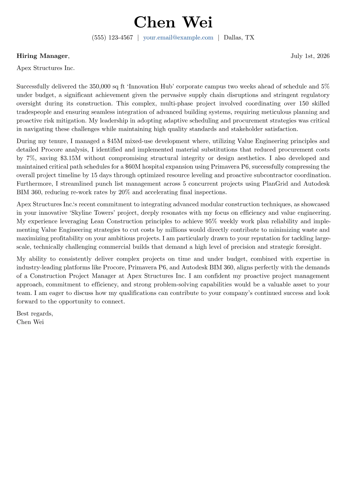 Construction Project Manager cover letter formatted with a JobSprout template