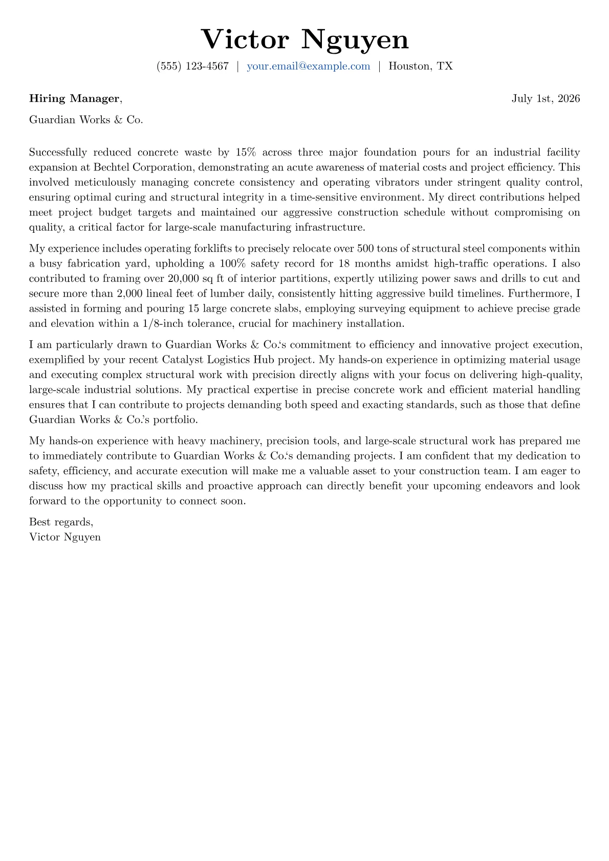 Construction Worker cover letter formatted with a JobSprout template