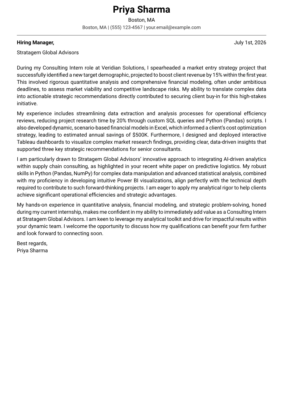Consulting Intern cover letter formatted with a JobSprout template